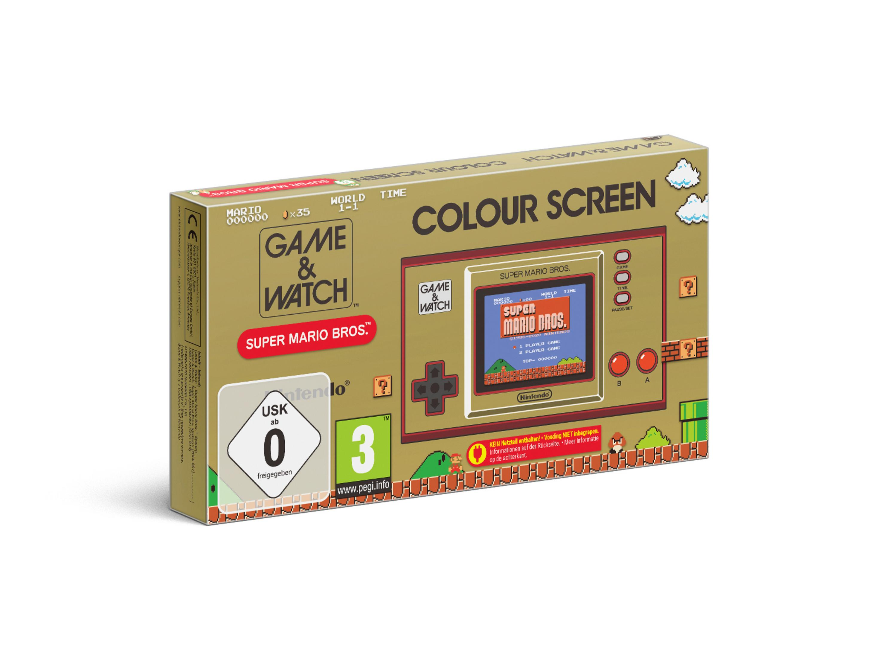 'Game & Watch Super Mario Bros.' Box, zeigt das Design der Konsole.