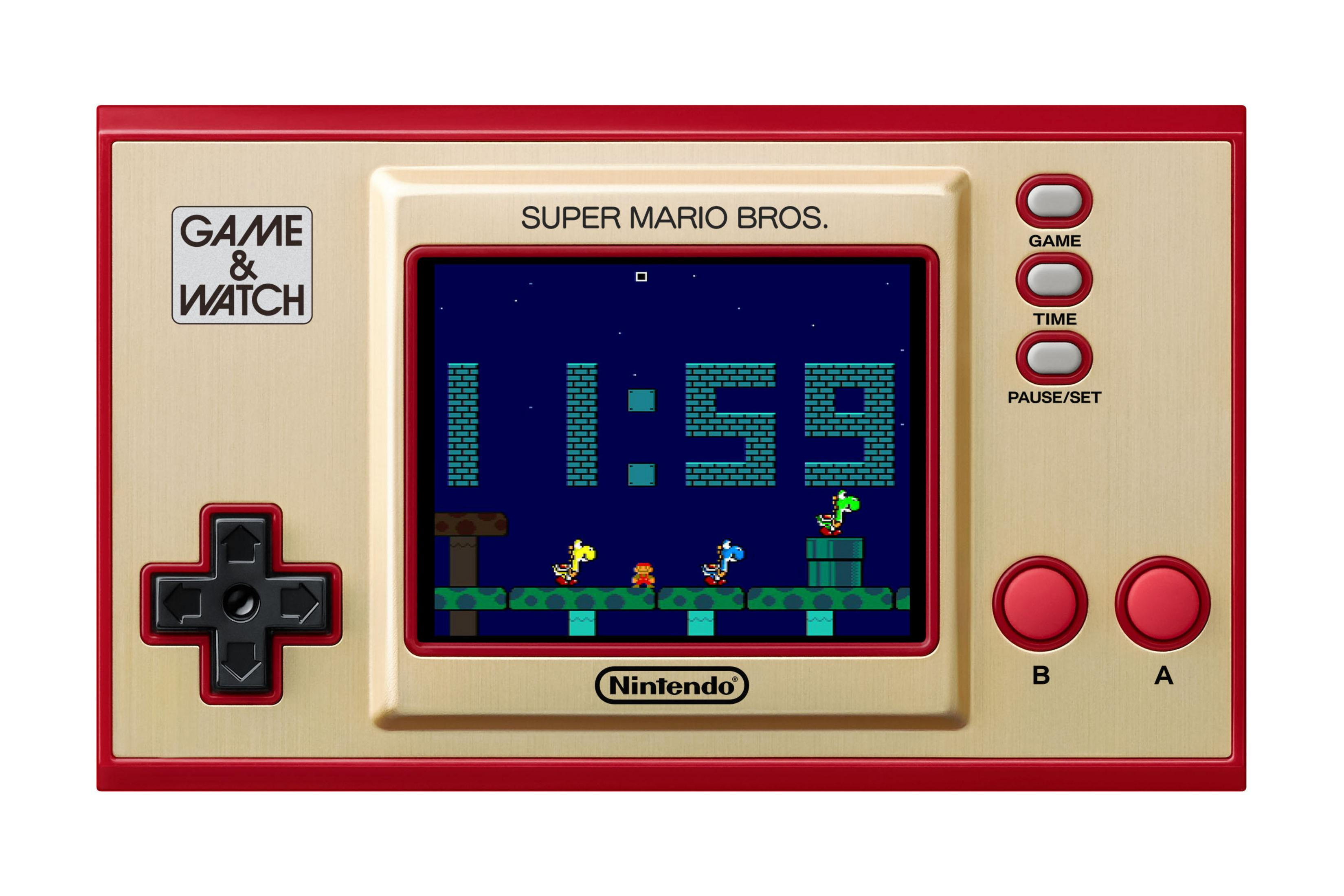 Eine Retro Game & Watch Konsole, die Super Mario Bros. spielt und einen Spielbildschirm anzeigt.