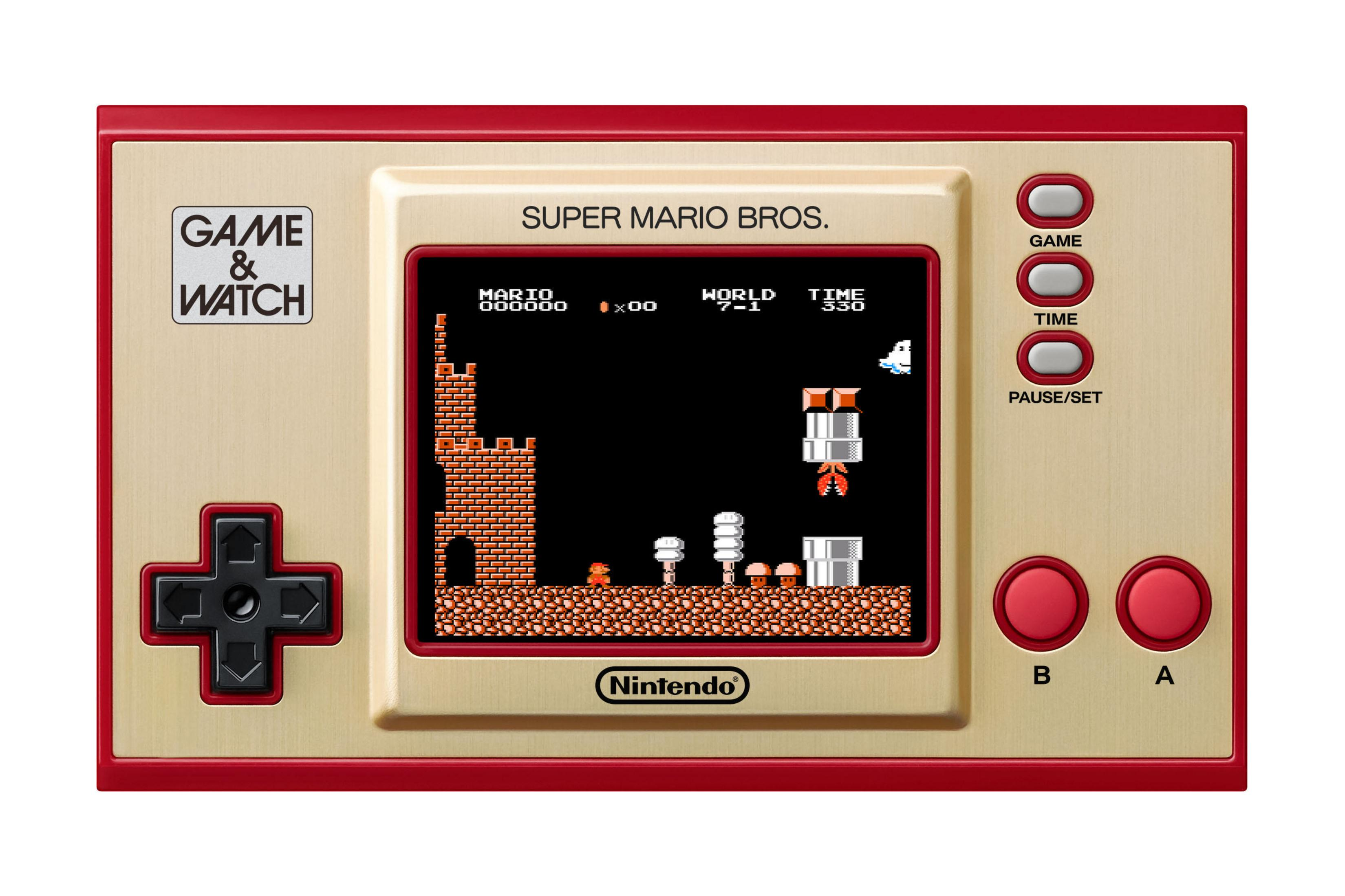 Ein Game & Watch-Gerät, das Super Mario Bros. spielt. Das Spiel zeigt Mario.