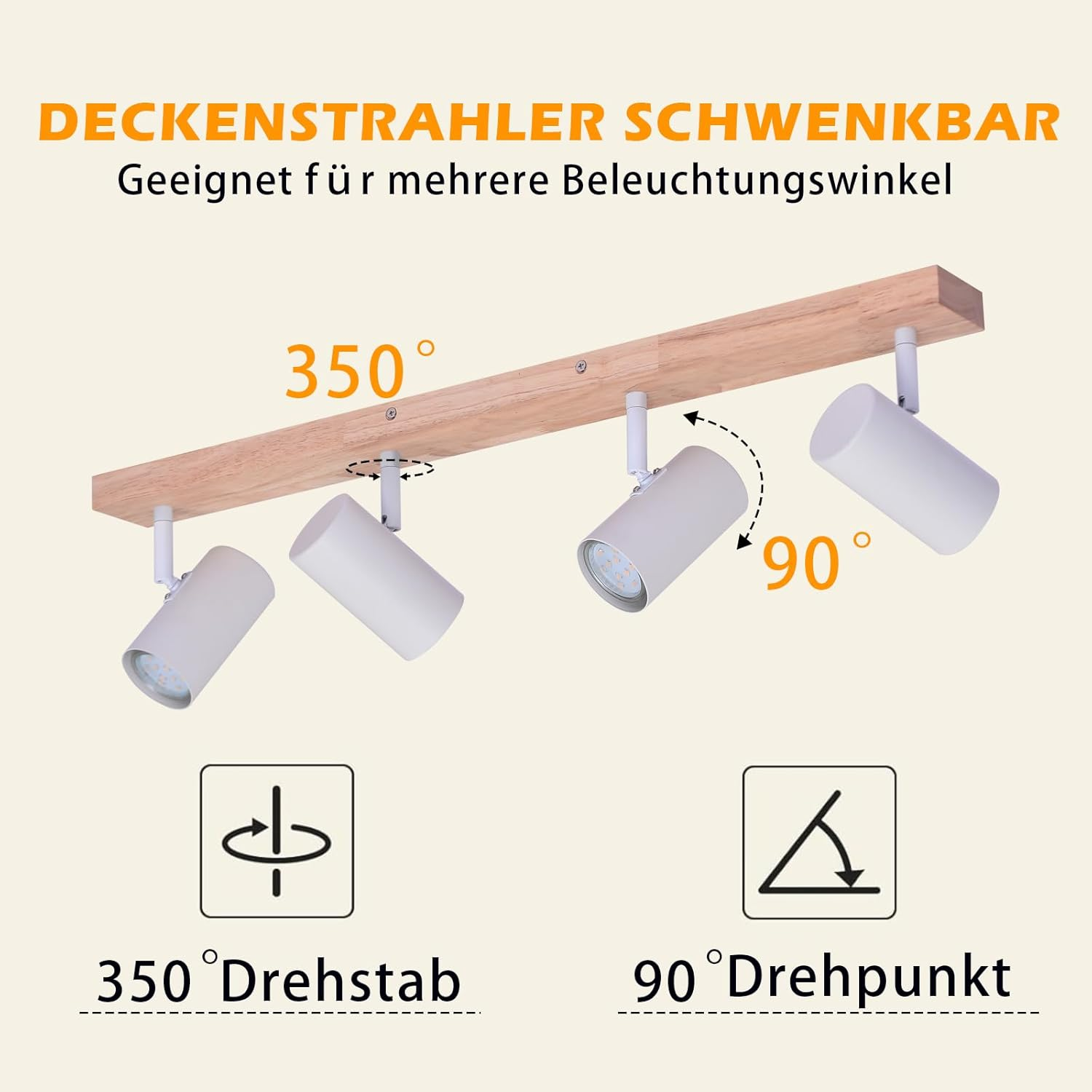 Faretti orientabili su una trave di legno, con icone di gradi di rotazione.
