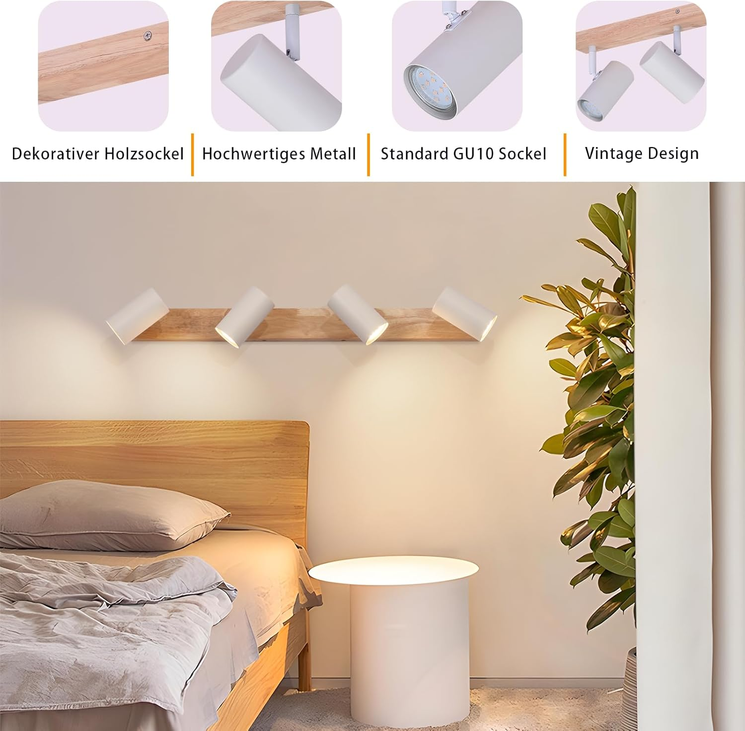 Trave in legno con faretti bianchi, che mostra dettagli e caratteristiche di design.