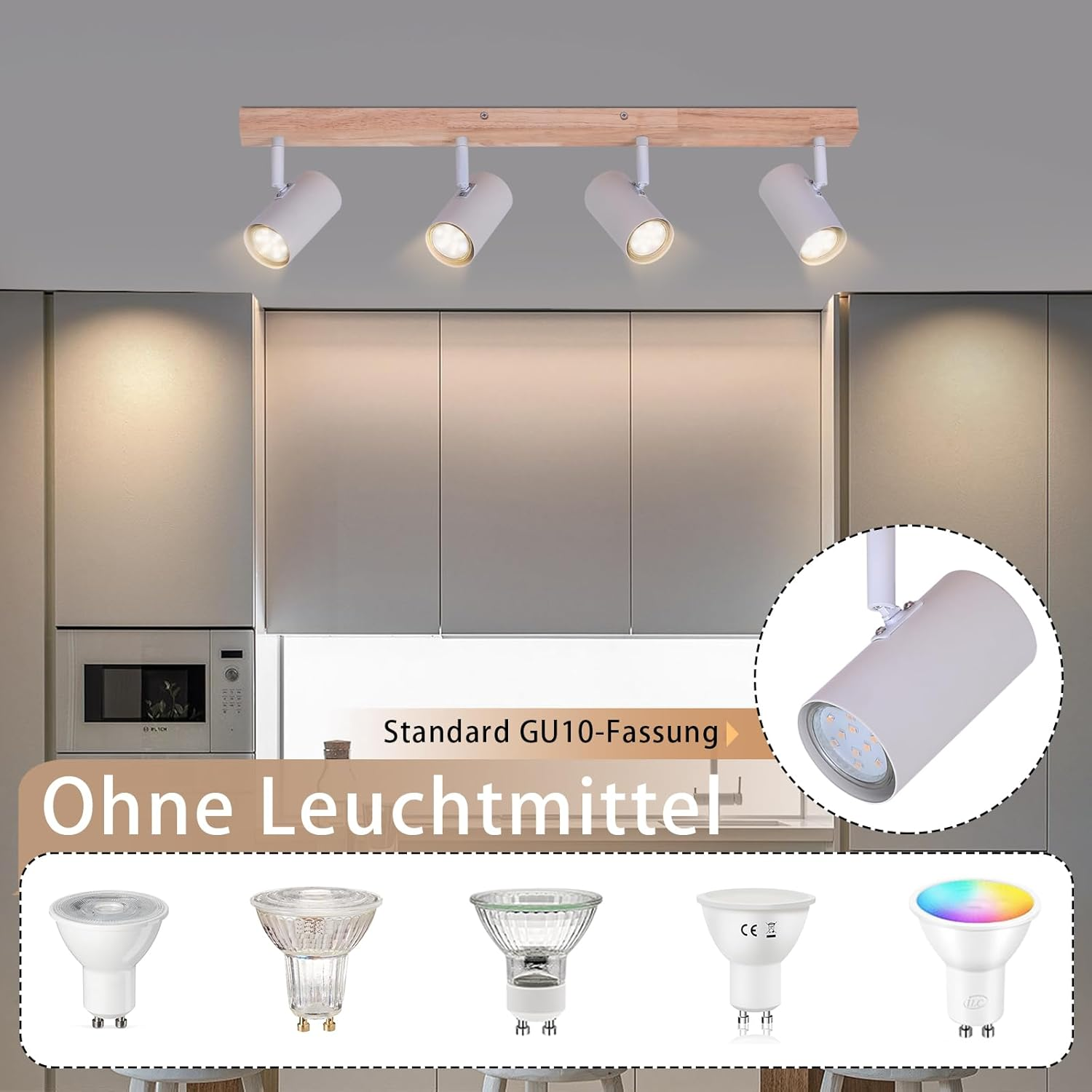 Quattro faretti cilindrici bianchi su una trave di legno sopra un bancone della cucina. Varie lampadine sotto.