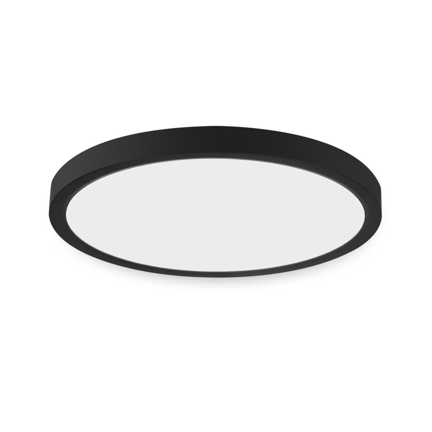 Runde schwarze Deckenleuchte. Weißes, beleuchtetes Zentrum. Einfaches, modernes Design. Weißer Hintergrund.