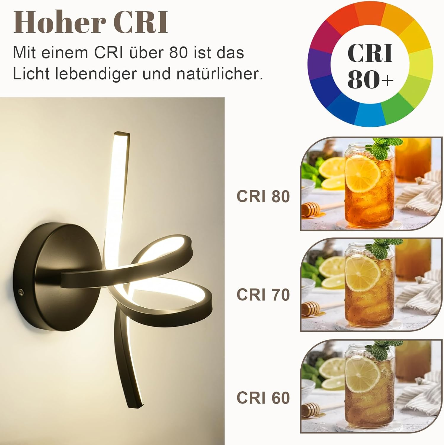 Una moderna lampada da parete nera con un design curvo, che mostra i livelli CRI (80, 70, 60) ed esempi di bevande.