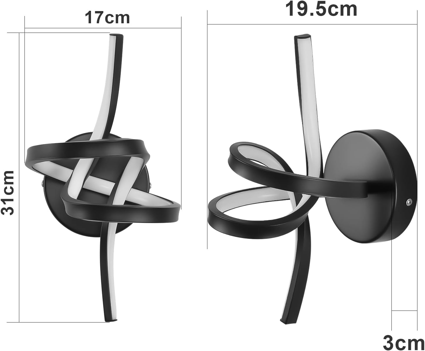 Due applique nere, astratte, alte 31cm, larghe 17cm e profonde 3cm.