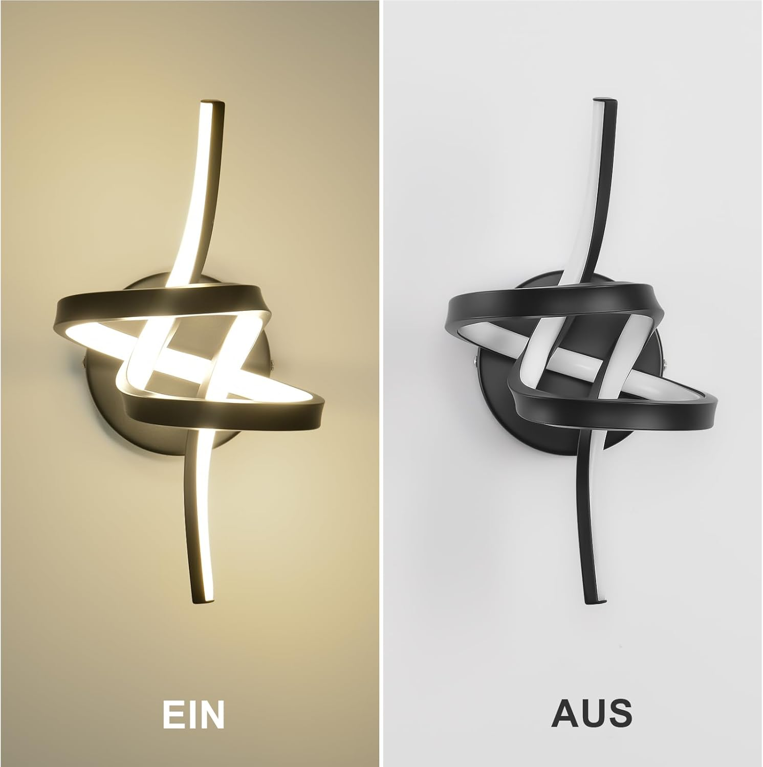 Una lampada da parete in due stati: accesa (bianco caldo) e spenta (bianco e nero).