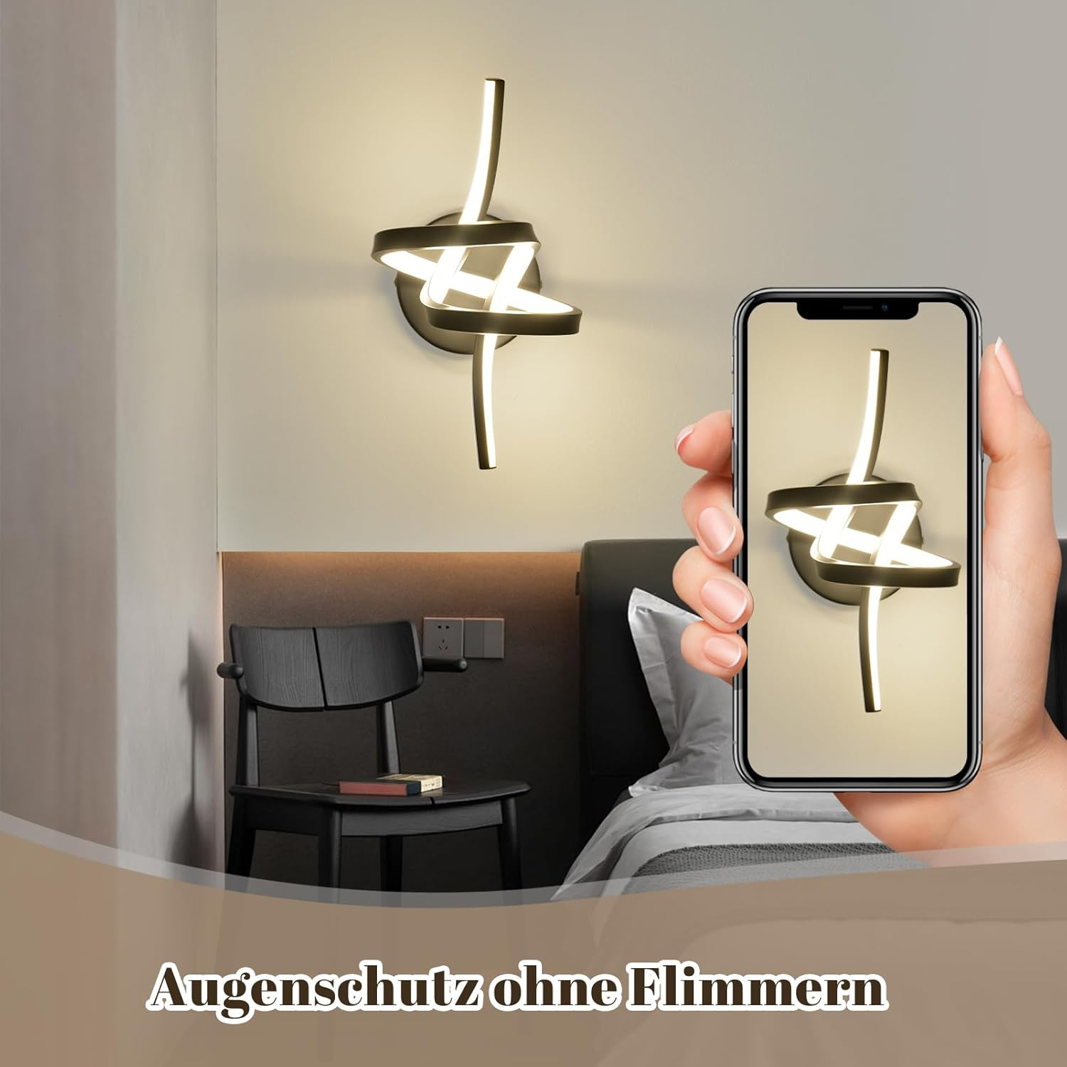 Lampada da parete con un telefono che mostra il design della lampada, accanto a una sedia nera e un letto.
