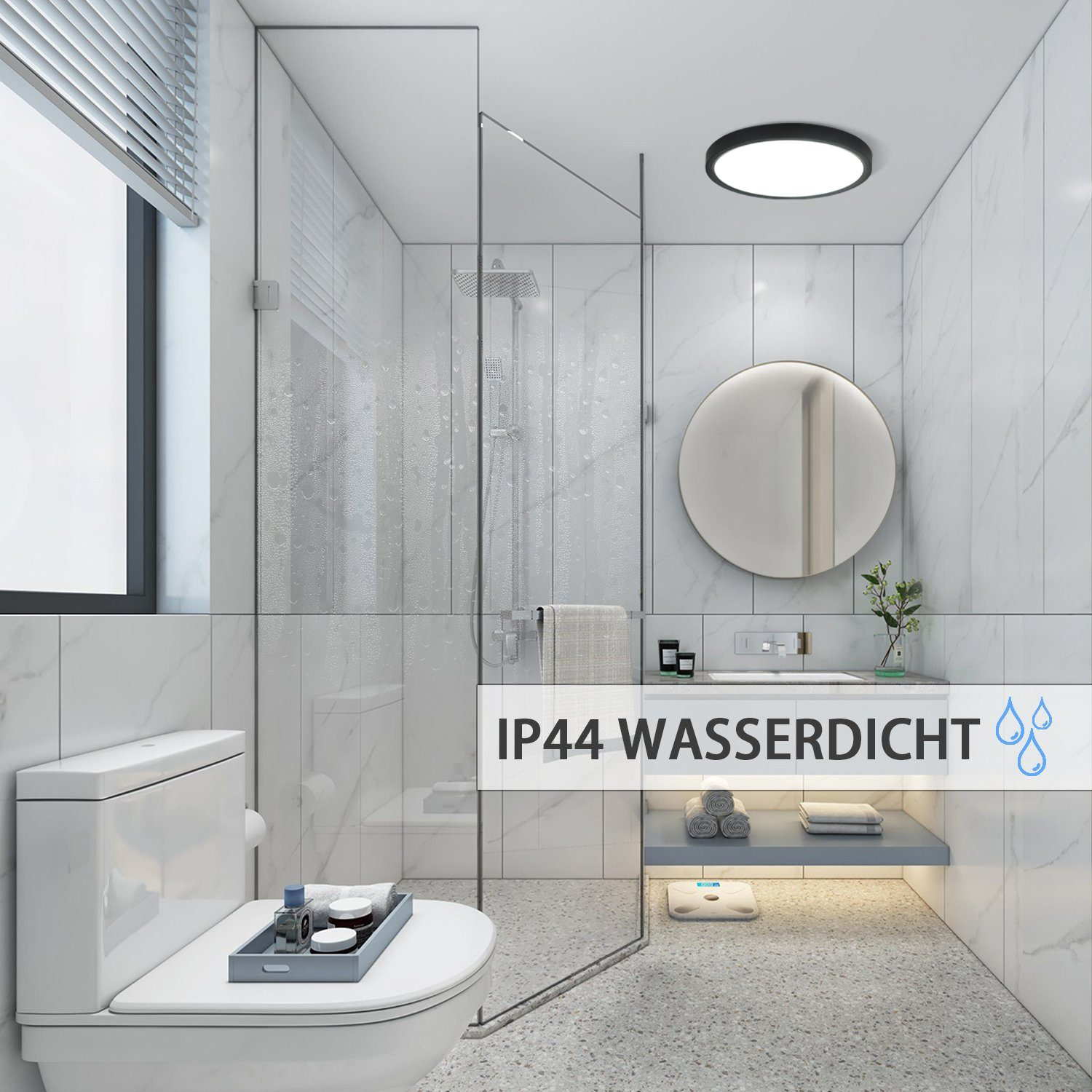 Modernes Badezimmer mit Dusche, Toilette und marmorähnlichem Design.