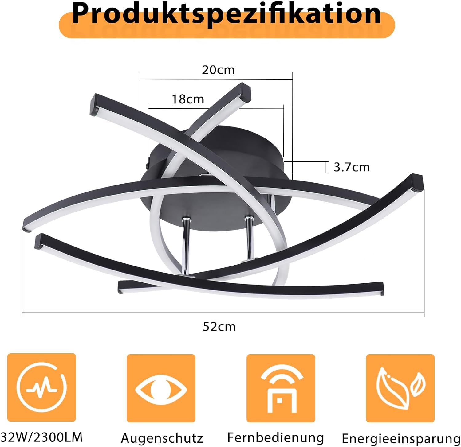 Nowoczesna lampa sufitowa z czarno-białym designem. Wymiary i ikony wyświetlane poniżej.