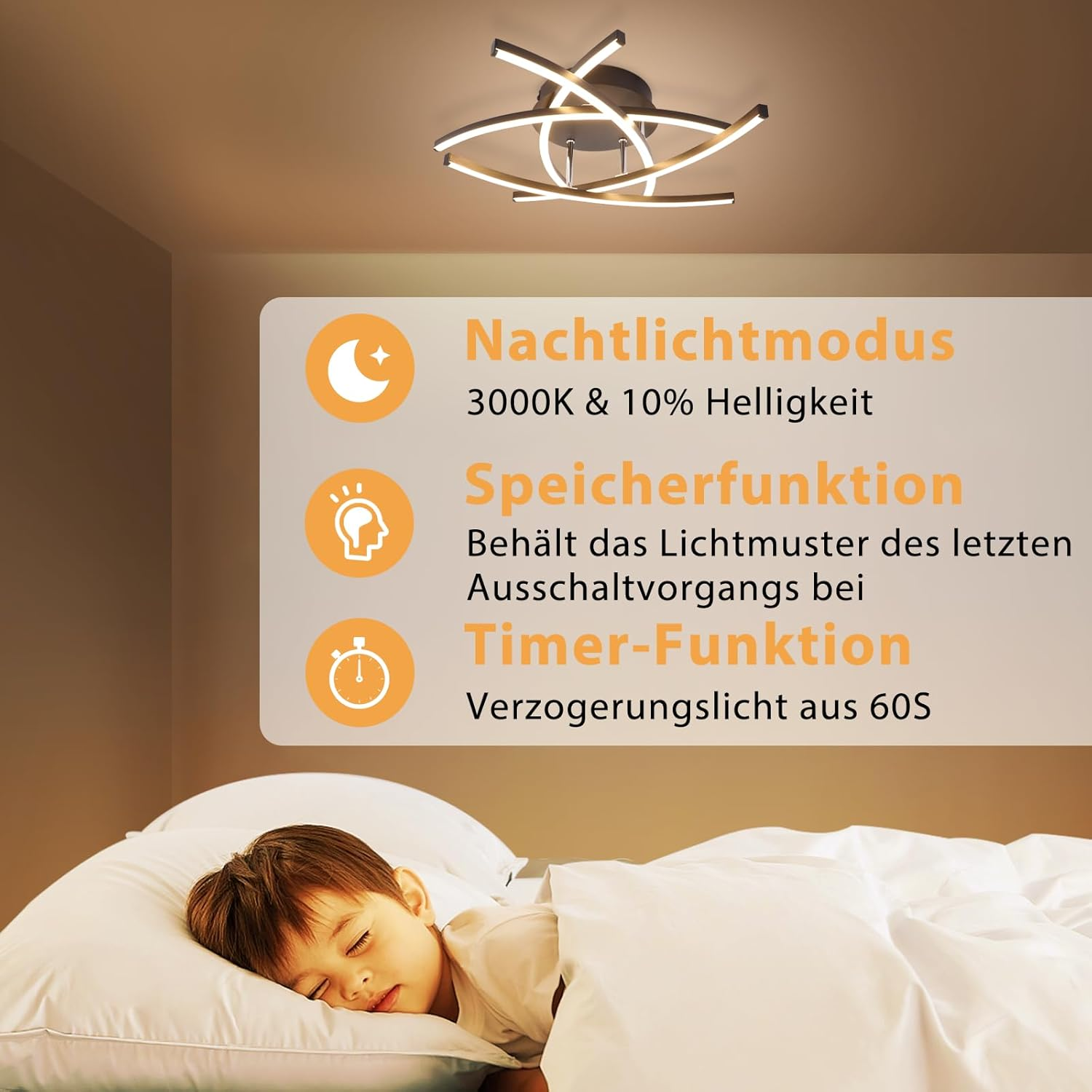 Dziecko śpiące pod lampą sufitową z funkcjami: tryb nocny, funkcja pamięci i timer.