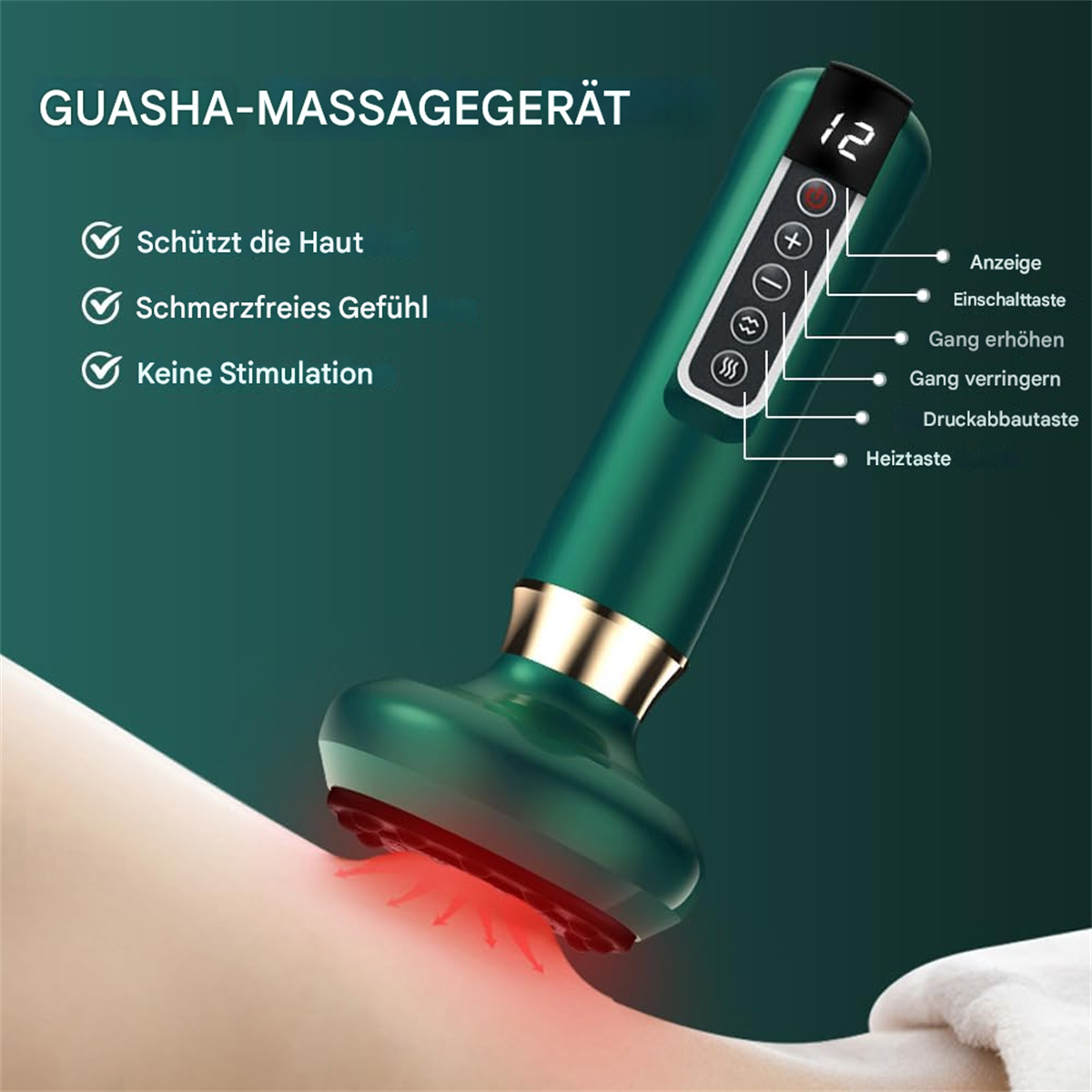 Ein grünes Guasha-Massagegerät, das rotes Licht zeigt, mit Text über Hautschutz und Schmerzlinderung.