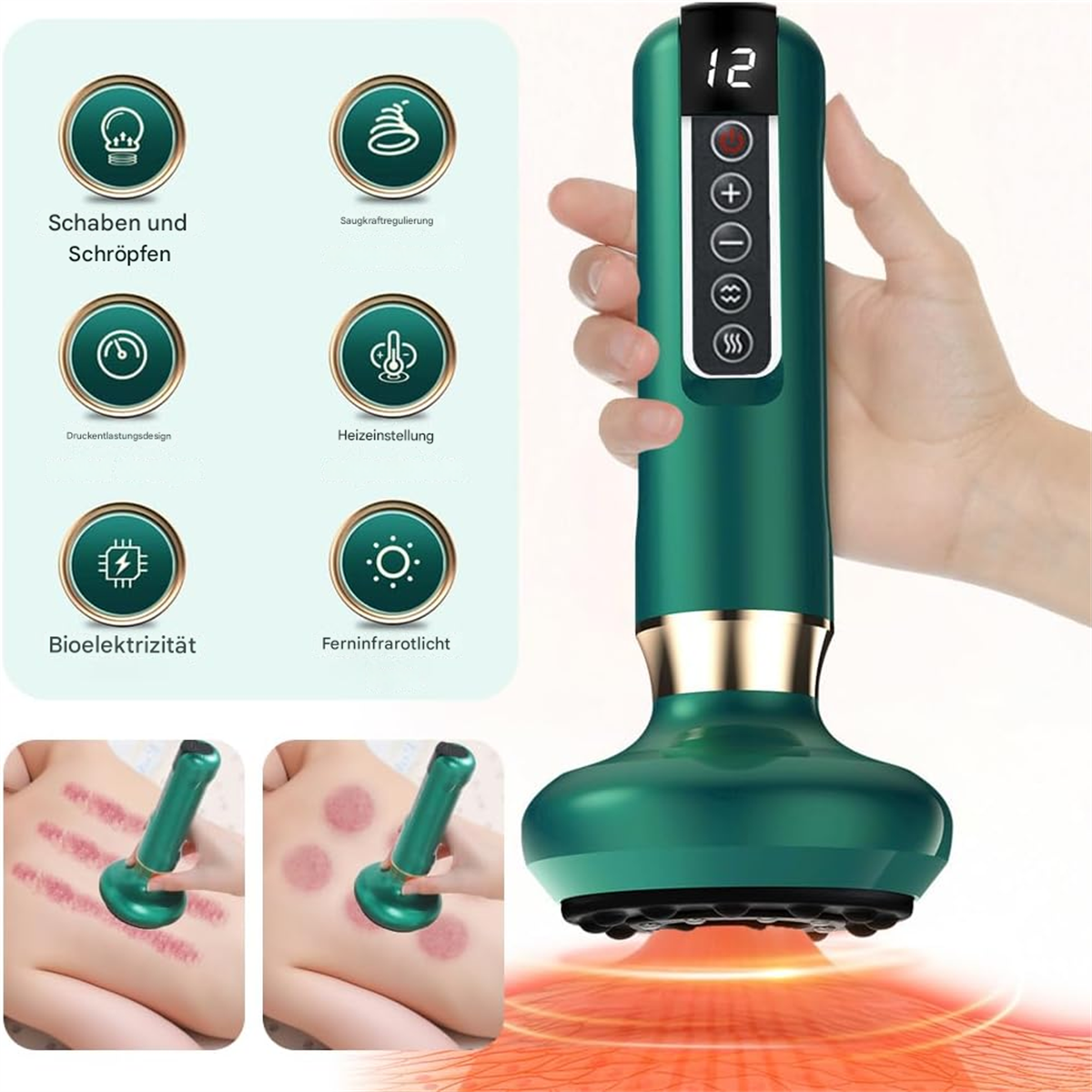 Grünes Gerät mit Display. Grafiken zur Schröpftherapie und Infrarotlicht werden gezeigt.