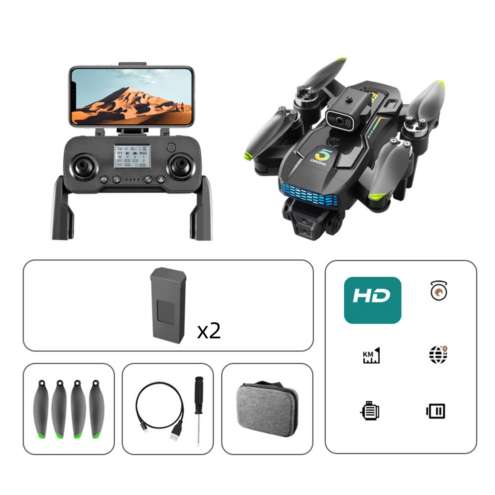Eine Drohne mit Fernbedienung, Batterien, Ladegerät, Propellern und Koffer vor weißem Hintergrund.