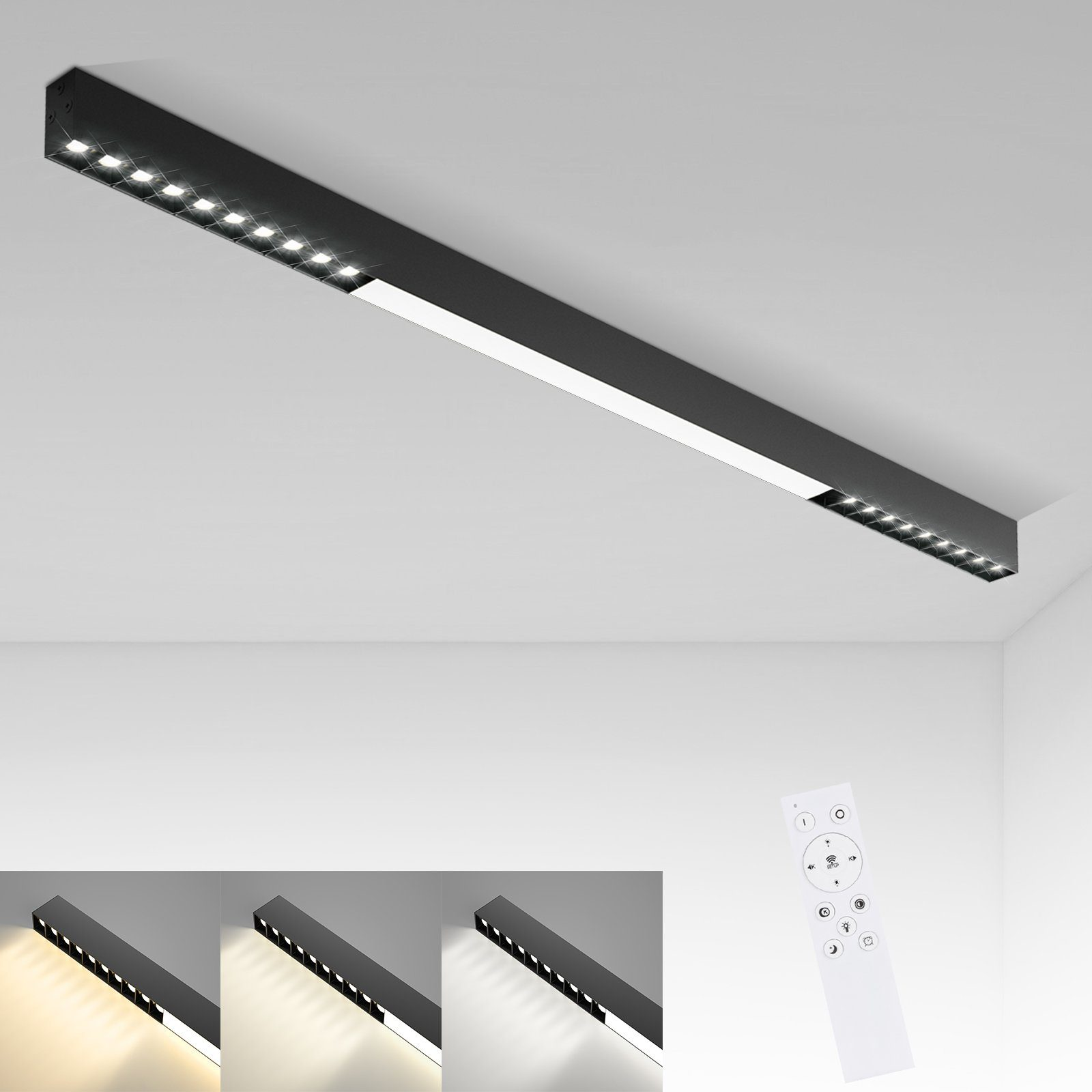 Luz de techo negra con LEDs y banda blanca. También se muestra el control remoto.