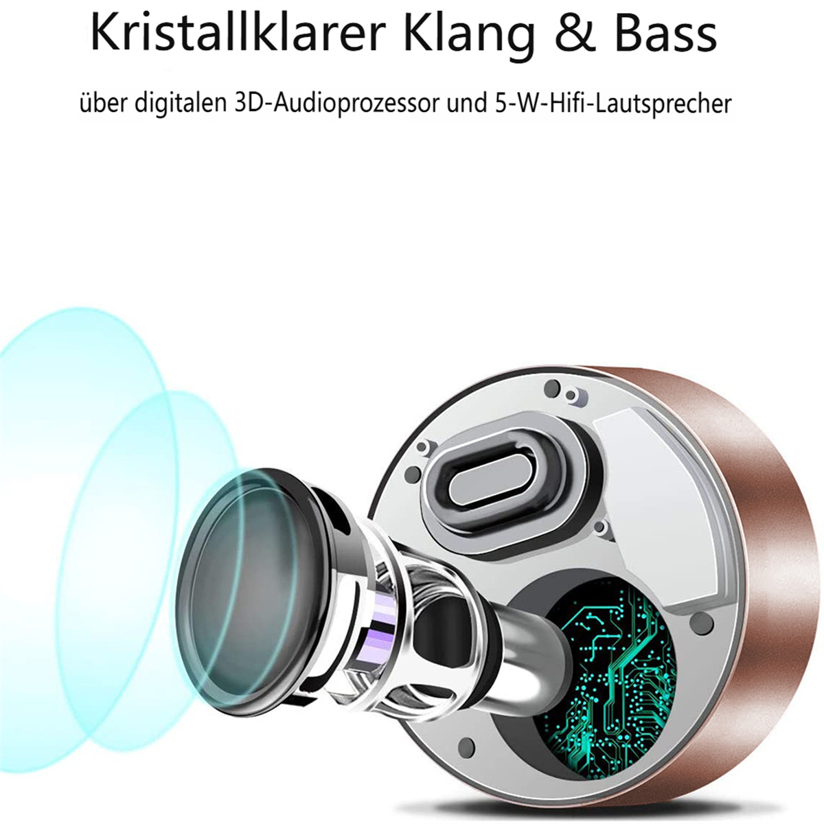 Kopfhörer mit sichtbaren Innenkomponenten. Blaue Schallwellen gehen aus. Weißer Hintergrund.