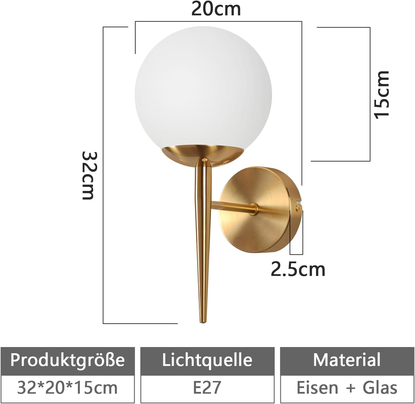 Una lámpara de pared dorada con una luz blanca en forma de globo. La lámpara tiene dimensiones y especificaciones etiquetadas.