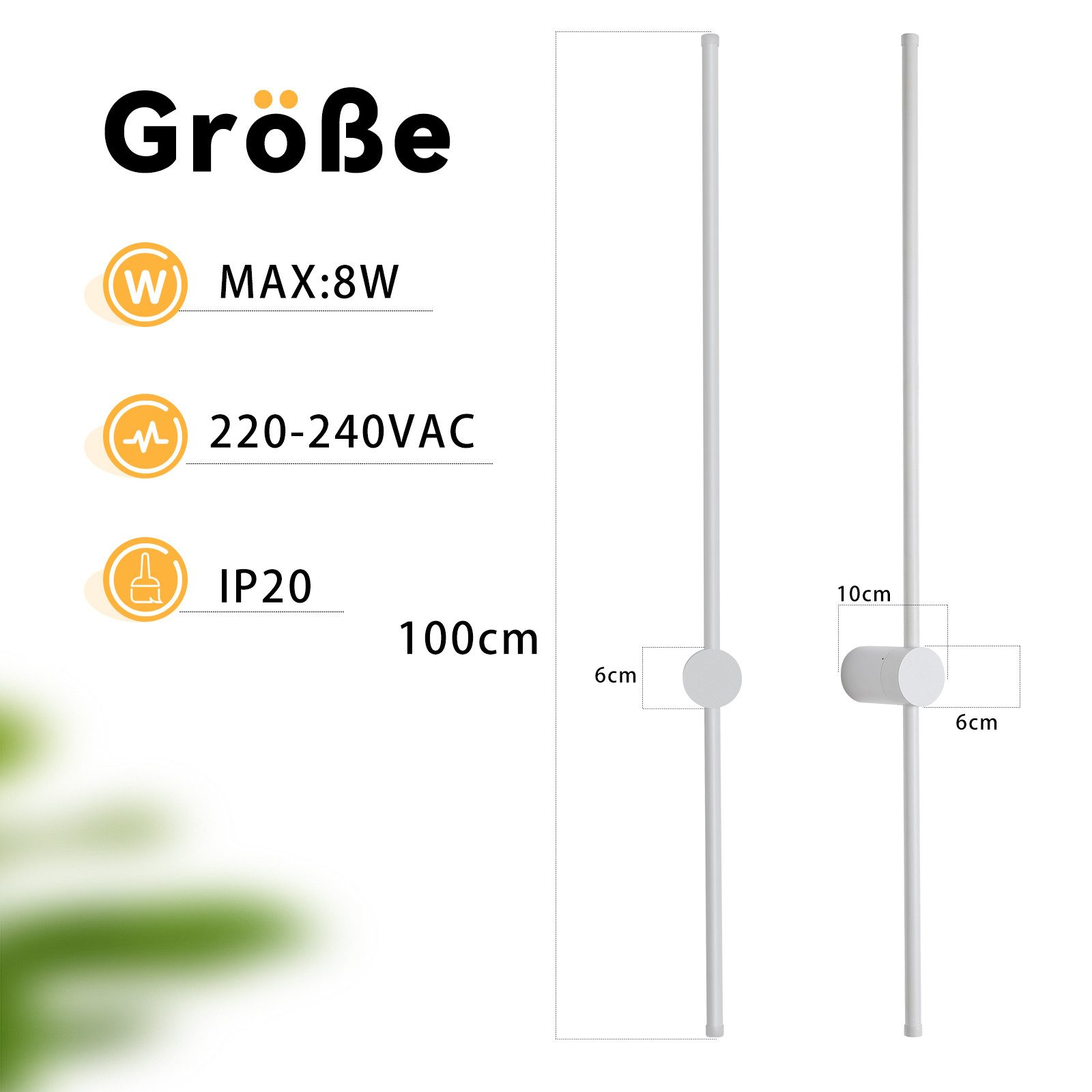Due lampade da parete bianche con un design sottile. Le dimensioni e le icone sono visualizzate in basso.