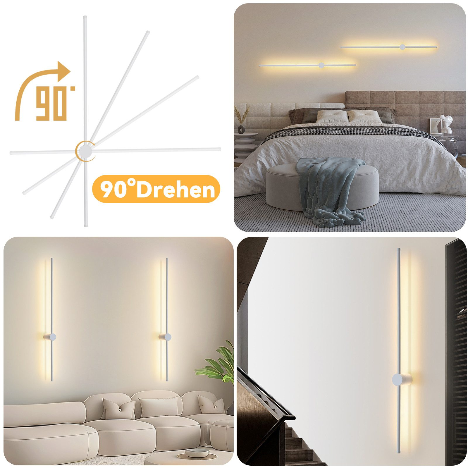 Quattro immagini che mostrano moderne applique con lunghe barre luminose verticali.