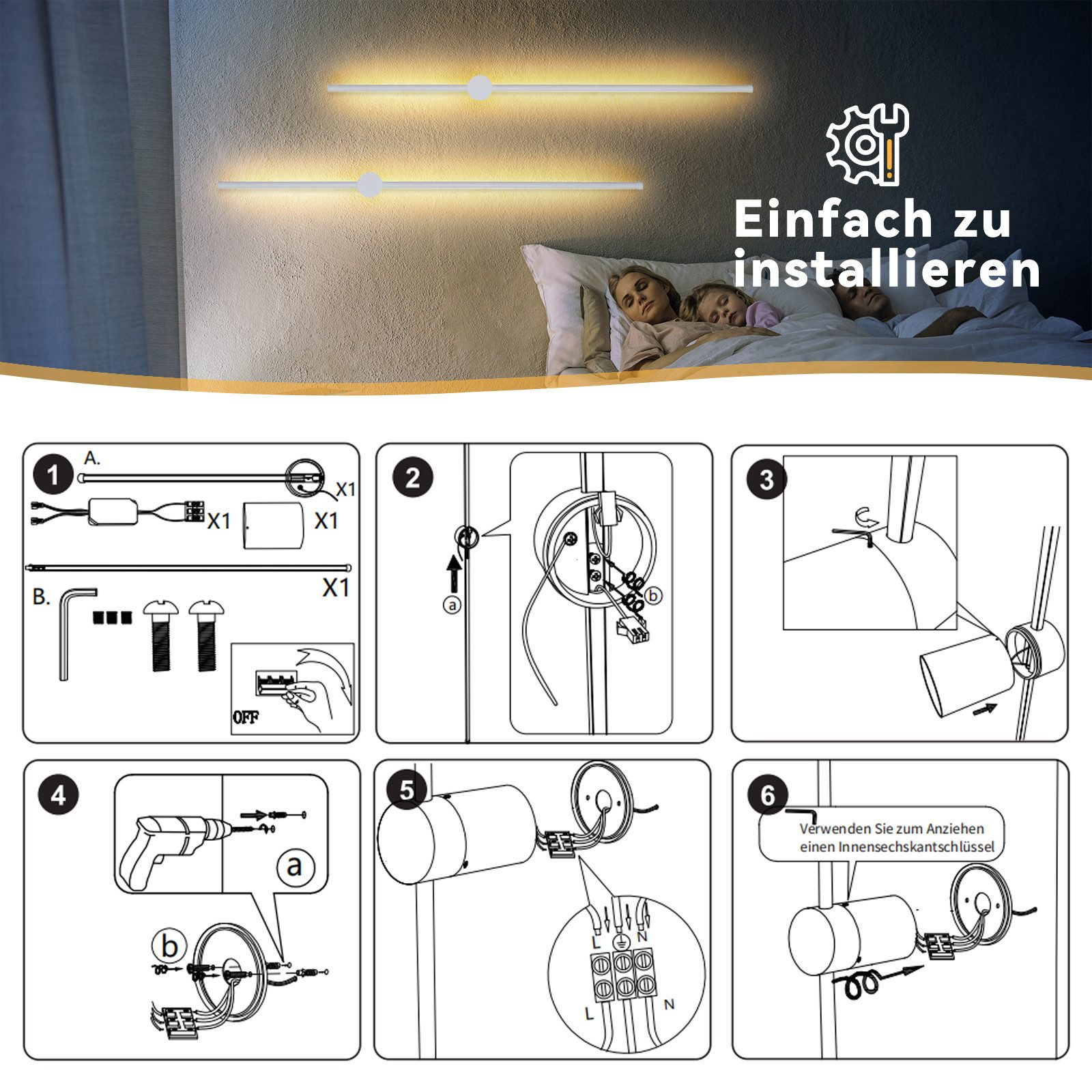 Diagramma che mostra l'installazione di un apparecchio di illuminazione con istruzioni e strumenti su un muro.