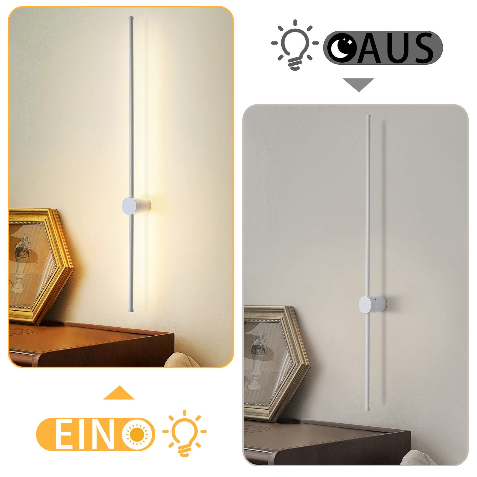 Due immagini di una lampada da parete sottile e verticale. Una accesa, l'altra spenta, con icone di luce.