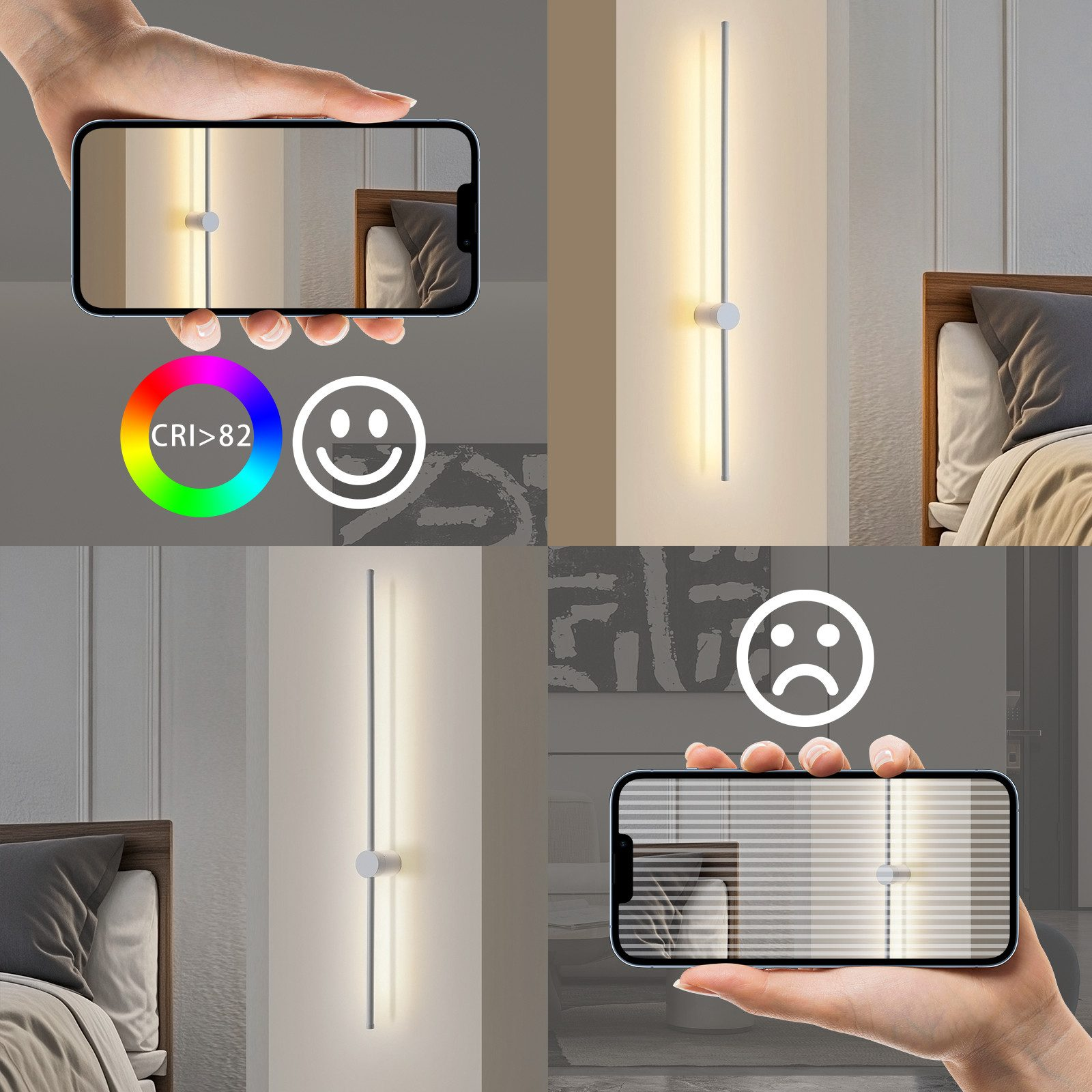 Immagini multiple che mostrano una lampada da parete, un telefono e un letto. Test di illuminazione.