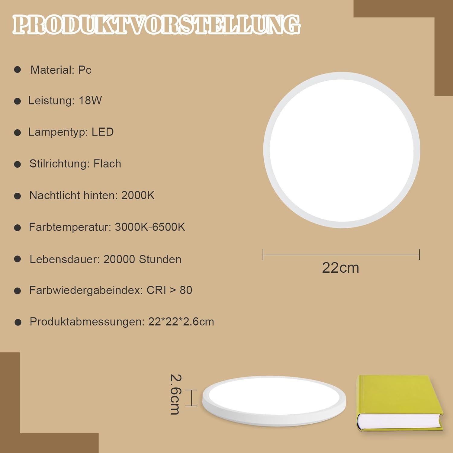 Luminaria circular, blanca y plana con información del producto sobre fondo neutro.