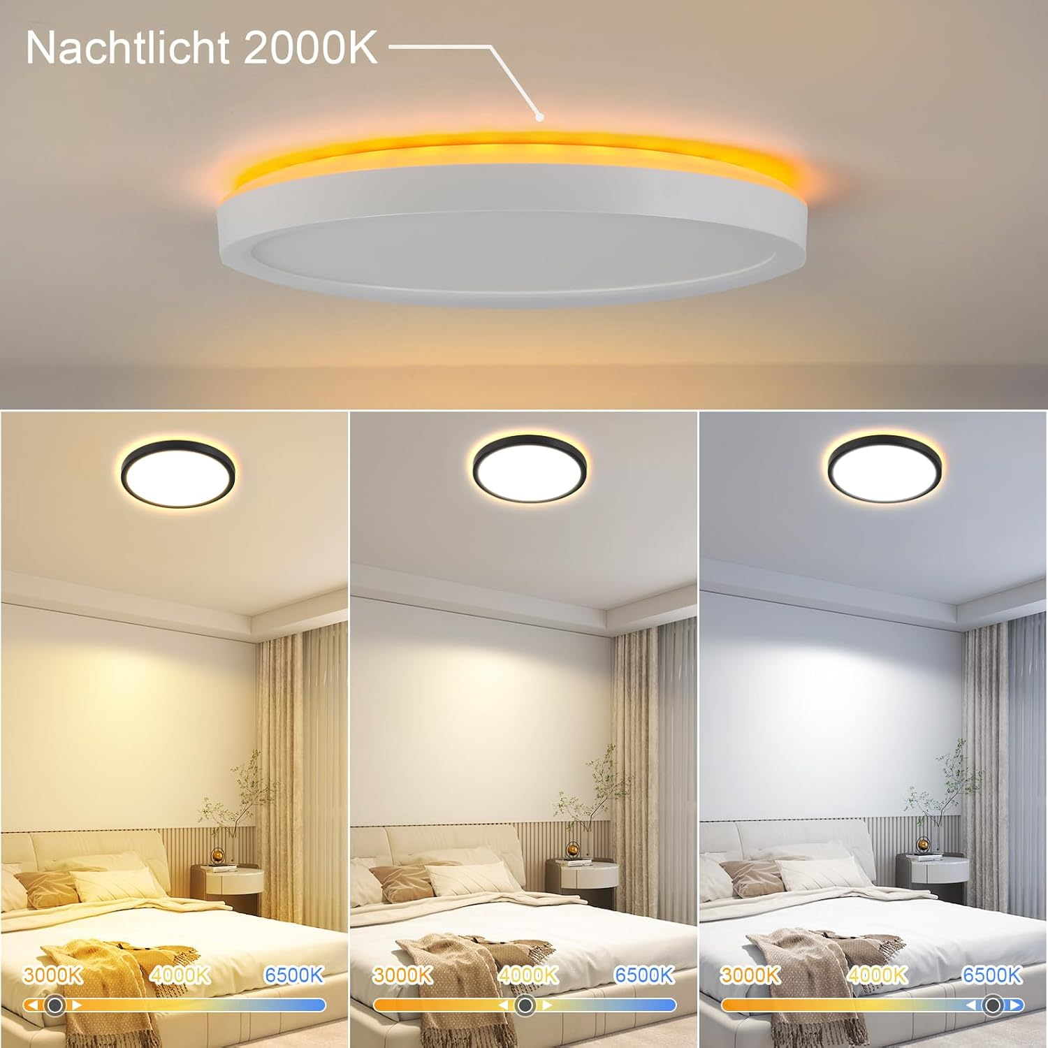 Luz de techo con tres configuraciones de color diferentes. Dormitorio al fondo.