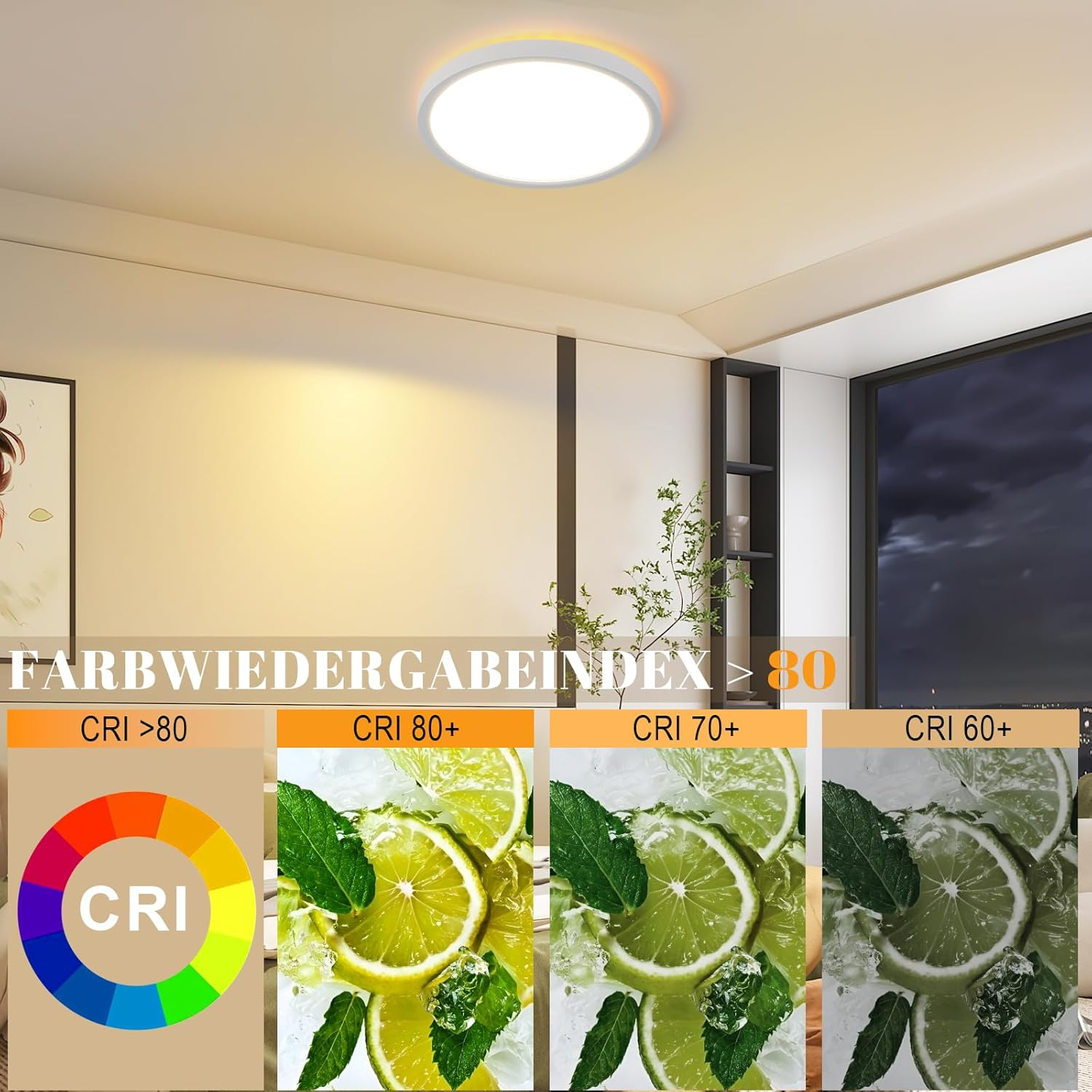 Luz de techo con índice de reproducción cromática, con ejemplos de cítricos.