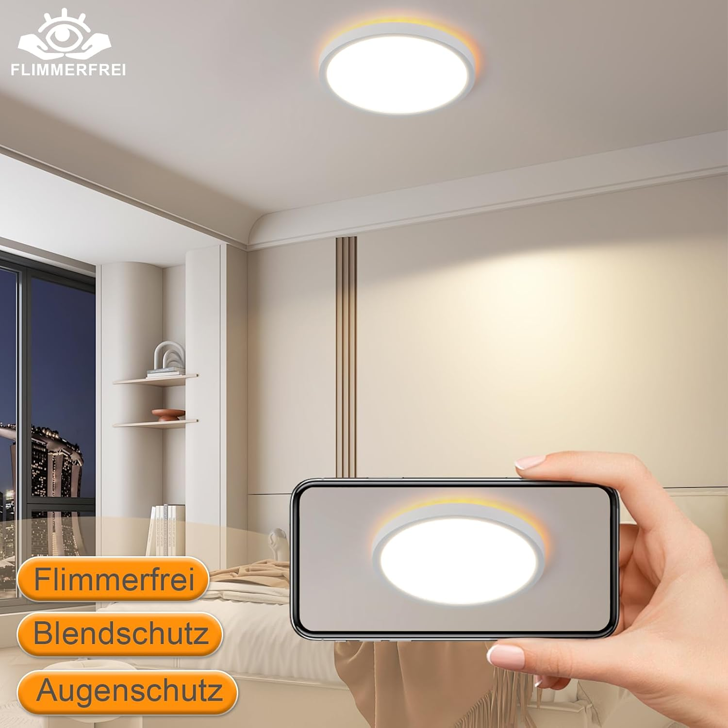 Una luz de techo redonda se muestra en un techo blanco. Un teléfono muestra la luz. Texto en alemán: Sin parpadeo, protección contra deslumbramiento, protección ocular.