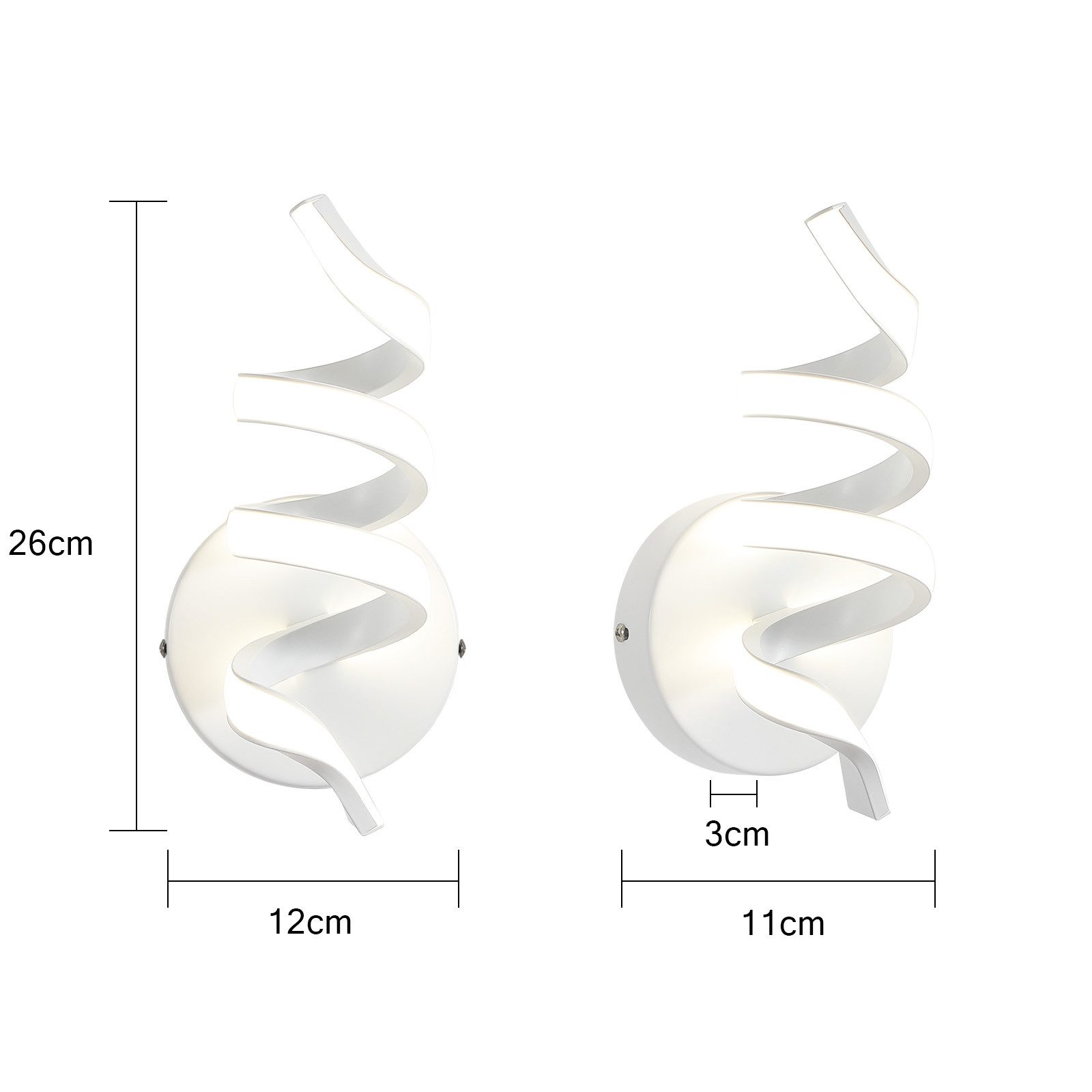 Due applique bianche con un design a spirale e dimensioni elencate. Sfondo bianco.