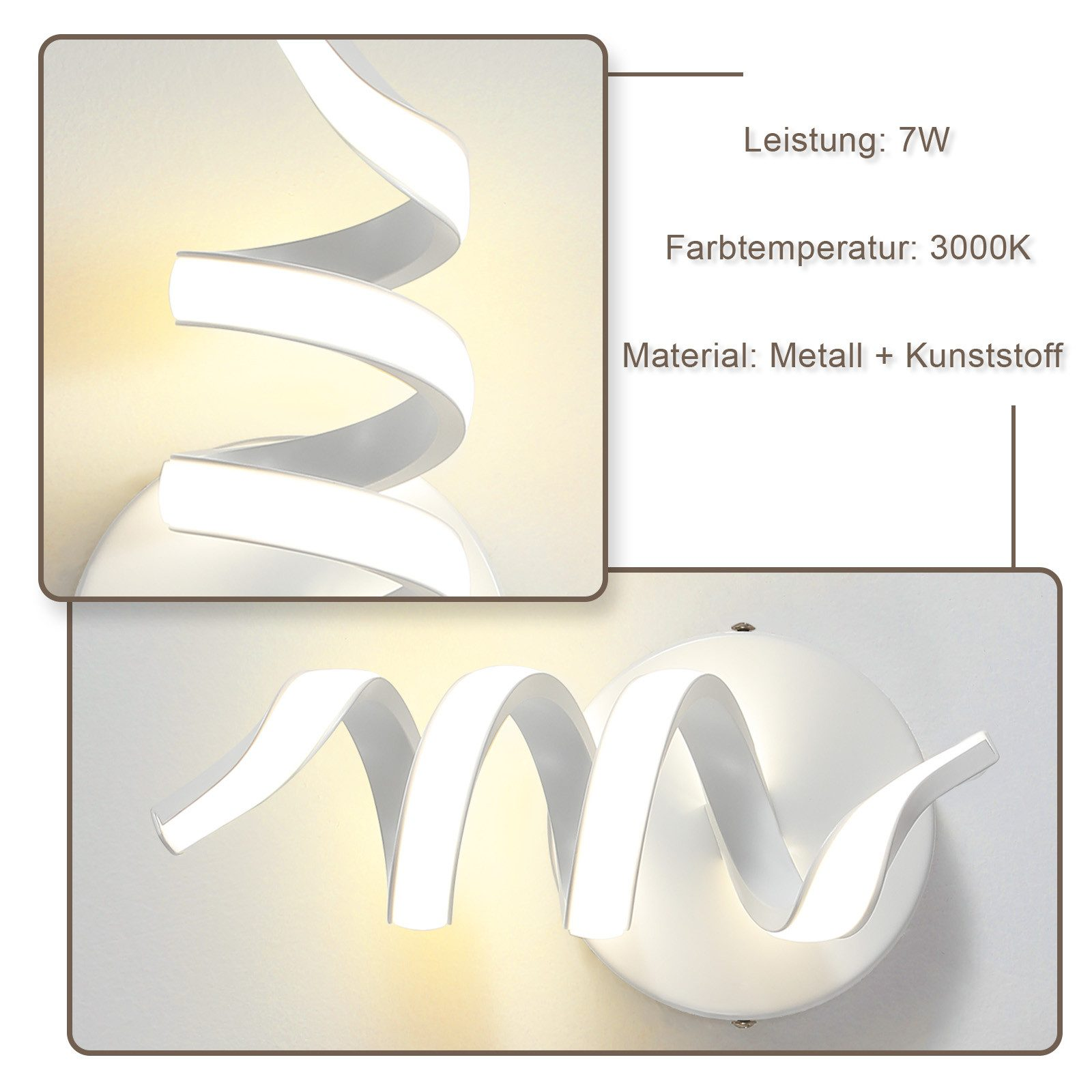 Applique a LED bianca a spirale. Ha una potenza di 7W, temperatura colore 3000K, in metallo e plastica.