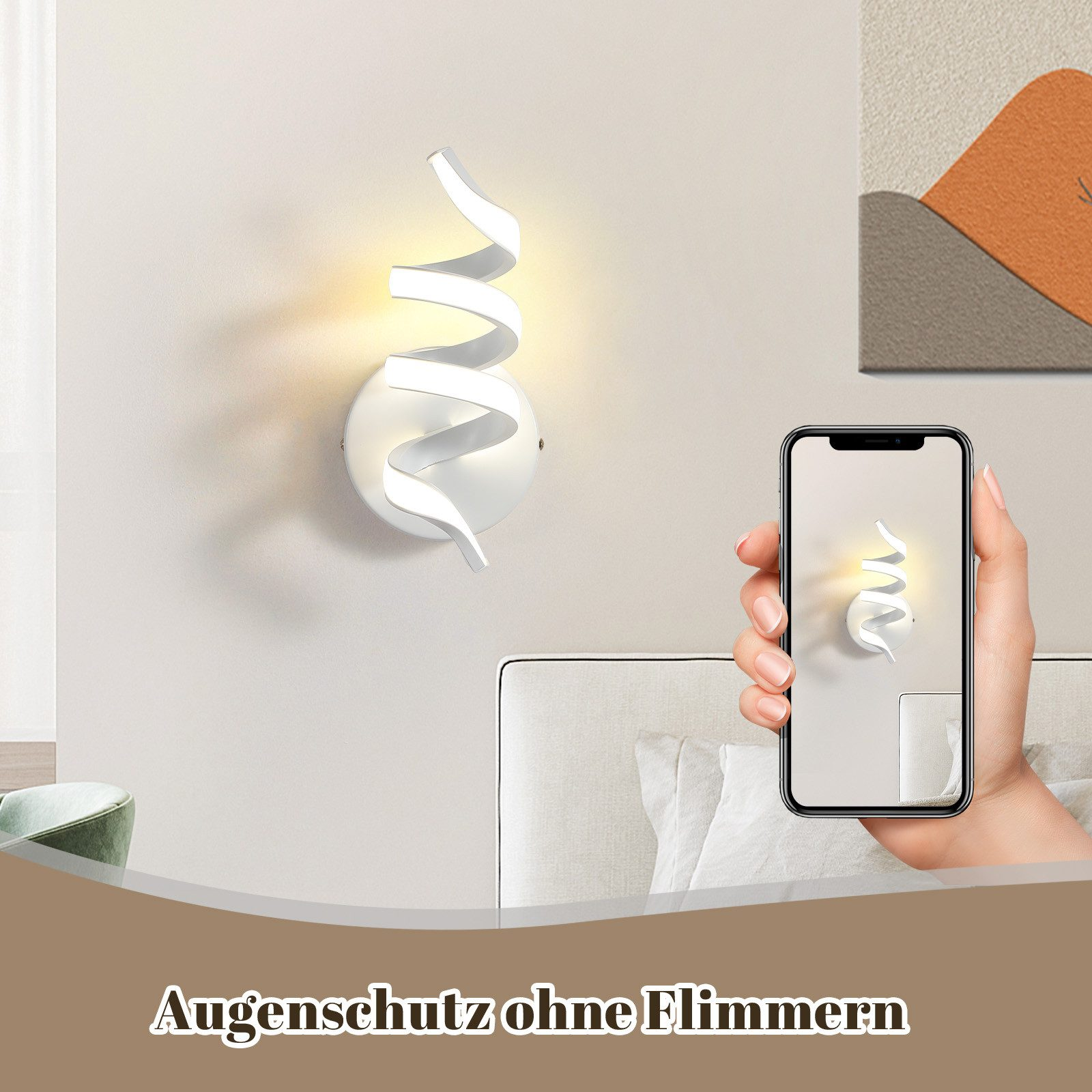 Una luce da parete bianca con un design a spirale. Una mano tiene un telefono che mostra il design. Testo: Protezione degli occhi senza sfarfallio.
