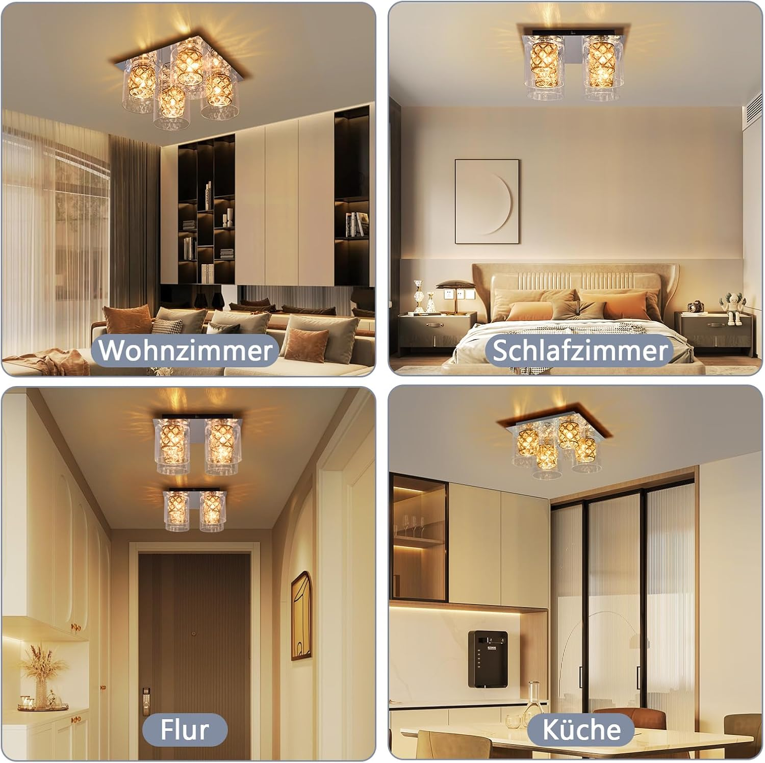 Cuatro imágenes de luces de techo en diferentes habitaciones: sala de estar, dormitorio, pasillo y cocina. Cada una tiene la misma luz.