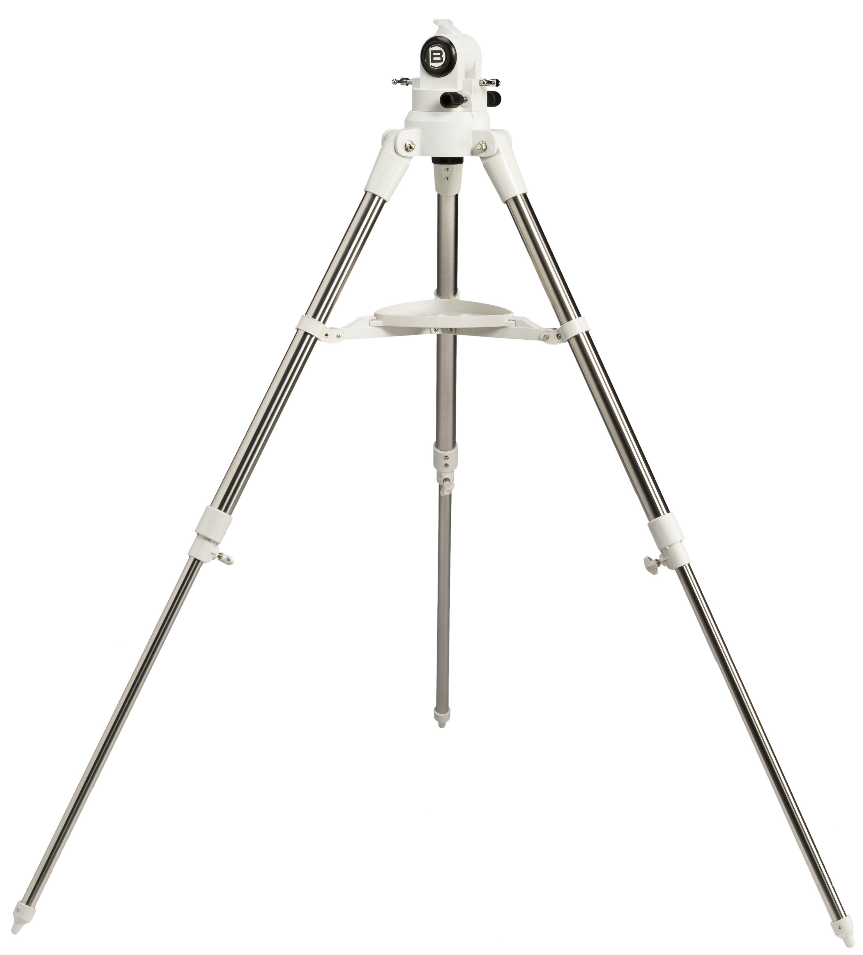 Trípode blanco para telescopio, con tres patas y cabezal de montaje.