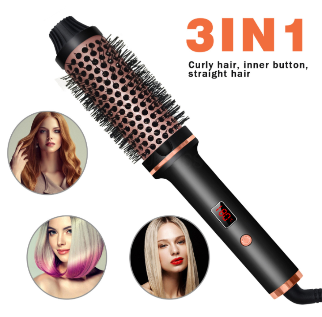 Eine 3-in-1-Haarstylingbürste mit schwarzem Griff, roségoldfarbenem Zylinder und Digitalanzeige.