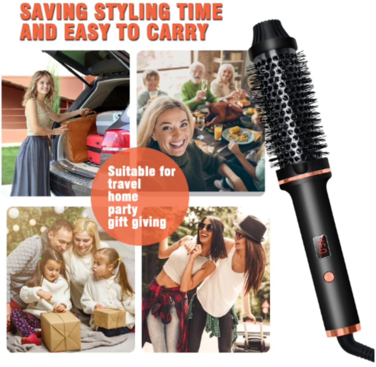 Collage von Bildern mit einem Haarstyling-Tool und Menschen in verschiedenen sozialen Umgebungen.