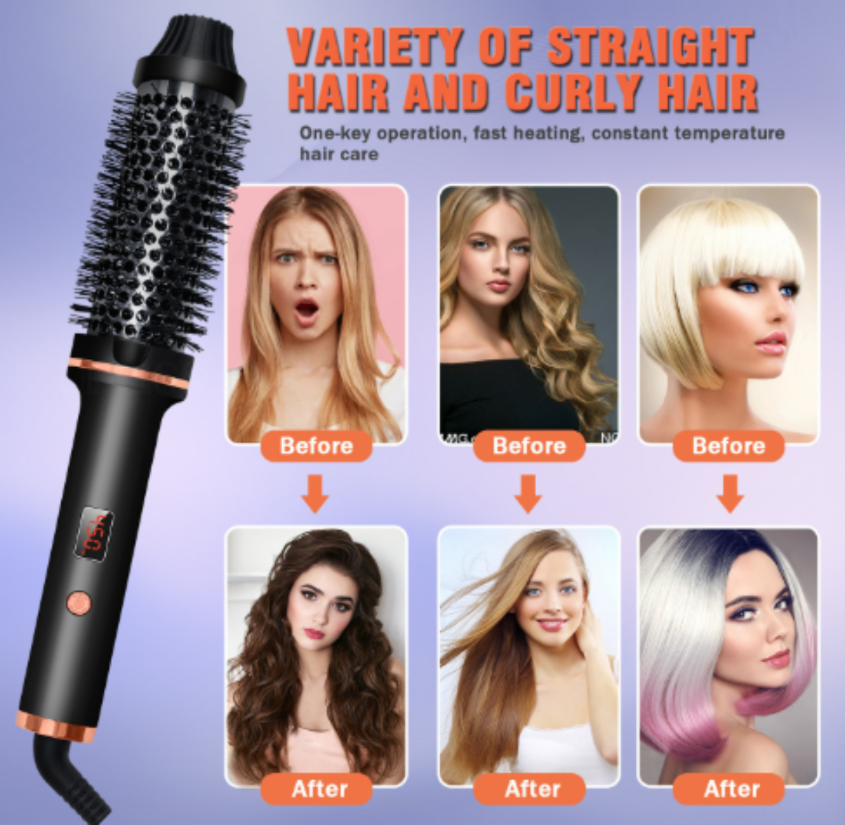 Haarstylingbürste mit Vorher-Nachher-Beispielen, die glatte und lockige Frisuren zeigen.