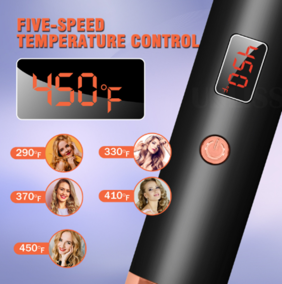 Ein schwarzes und roségoldenes Haarstyling-Tool mit Temperatureinstellungen und Modelhaar.