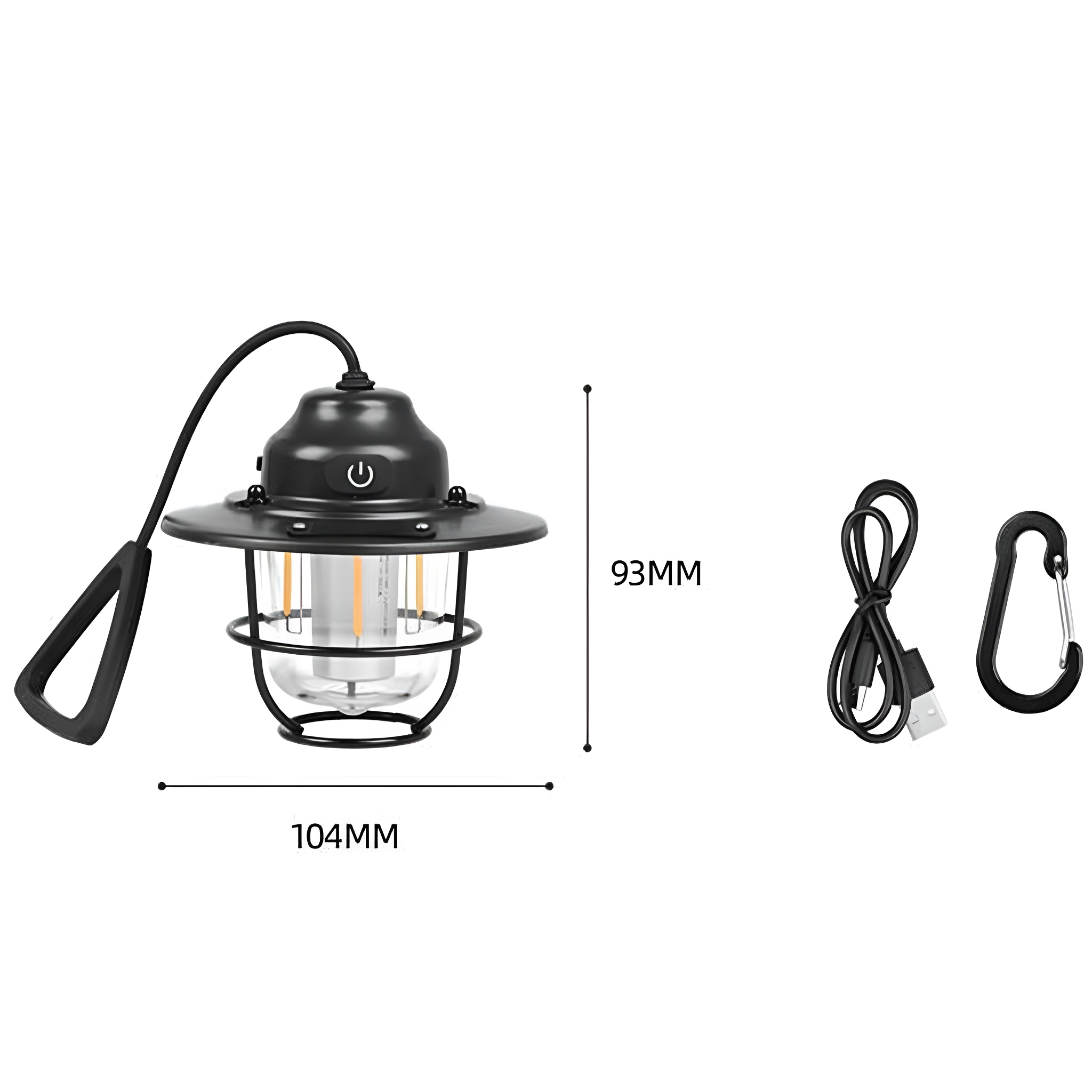 Schwarze Laterne im Vintage-Stil mit Griff und USB-Kabel. Ein Karabiner ist ebenfalls enthalten.