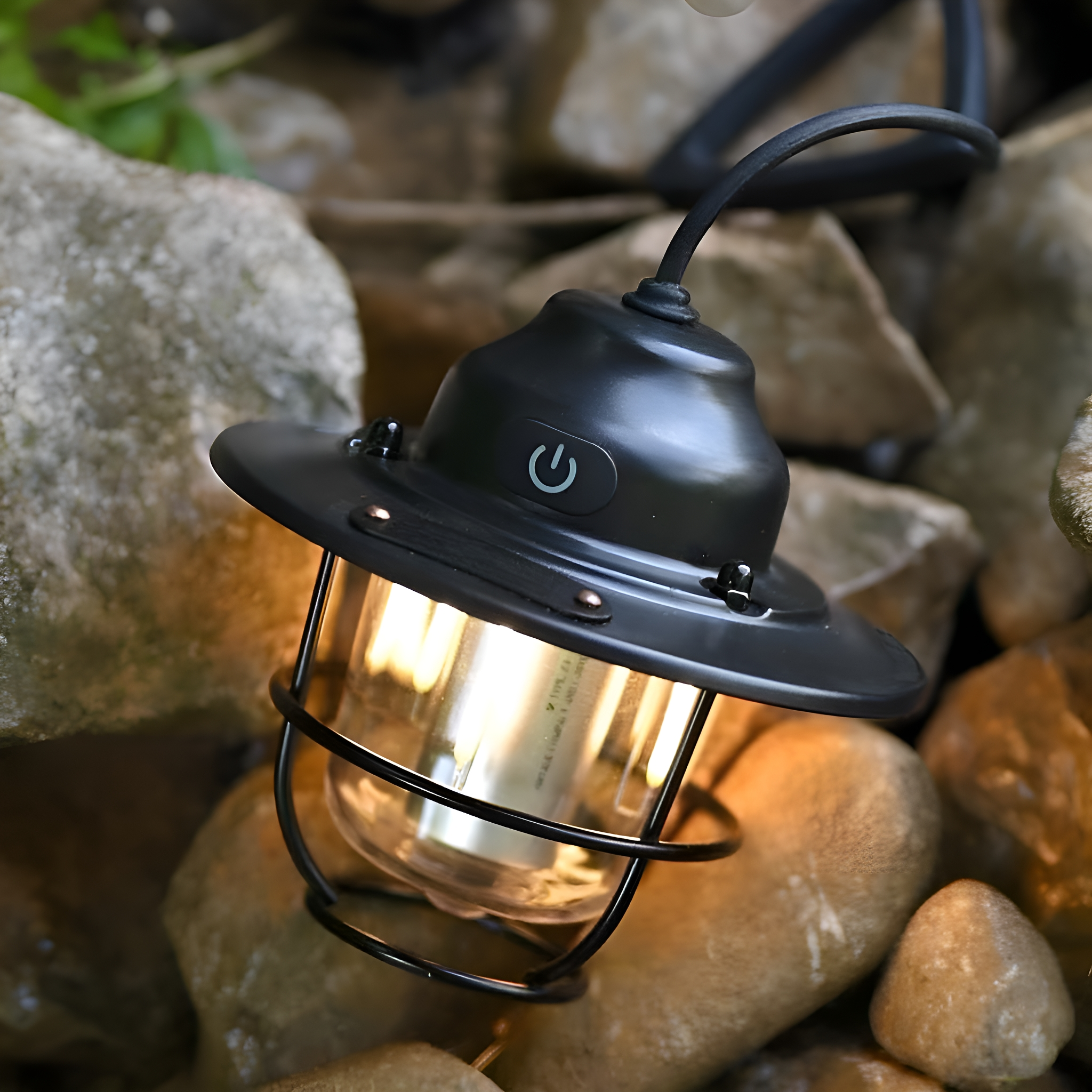 Schwarze Laterne im Vintage-Stil für den Außenbereich, mit beleuchteter Glühbirne auf Felsen.
