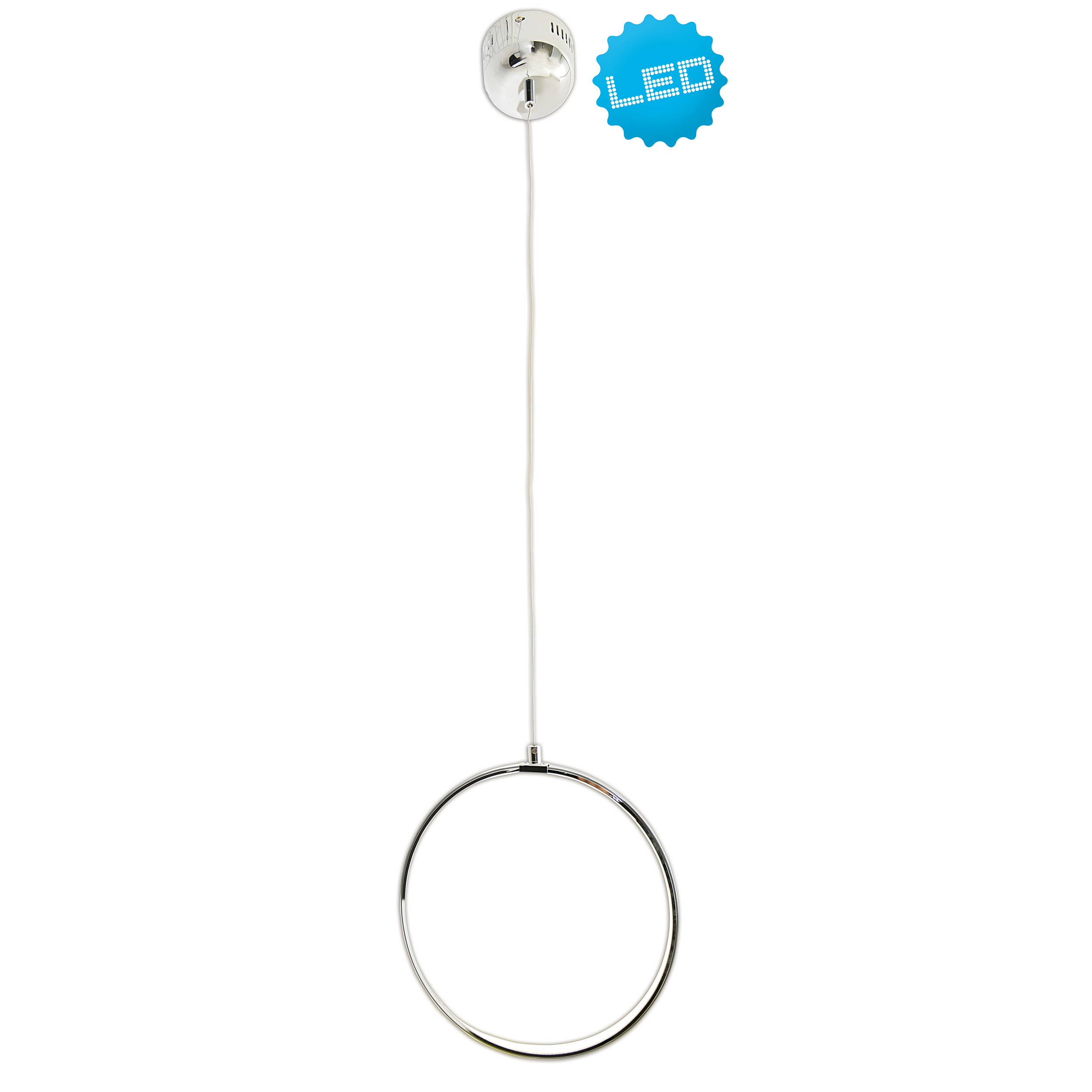 Eine Chrom-Ring-Pendelleuchte. Sie hat eine LED-Leuchte und ein langes weißes Kabel.