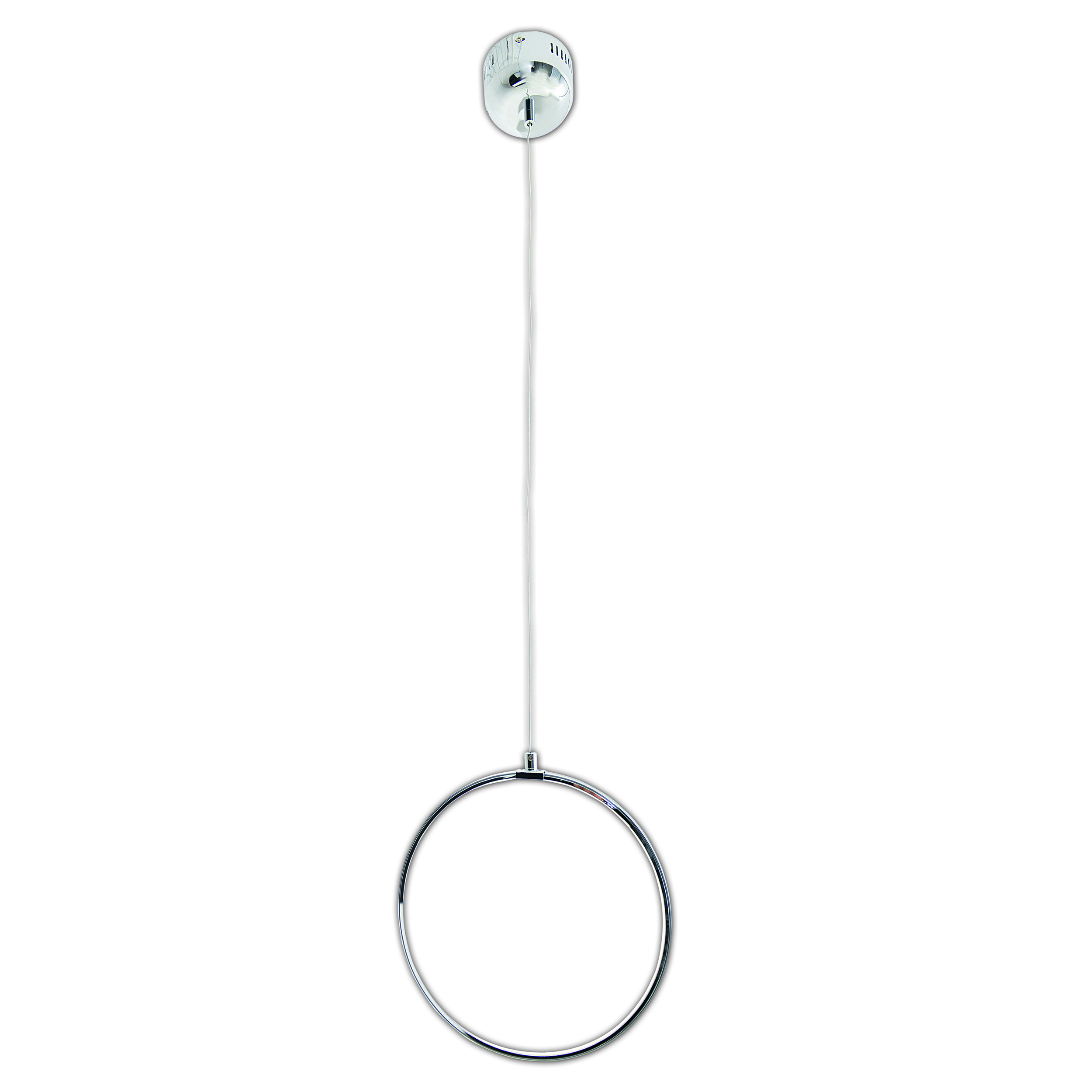 Chrom-Deckenleuchte mit rundem Ring und weißem Kabel.