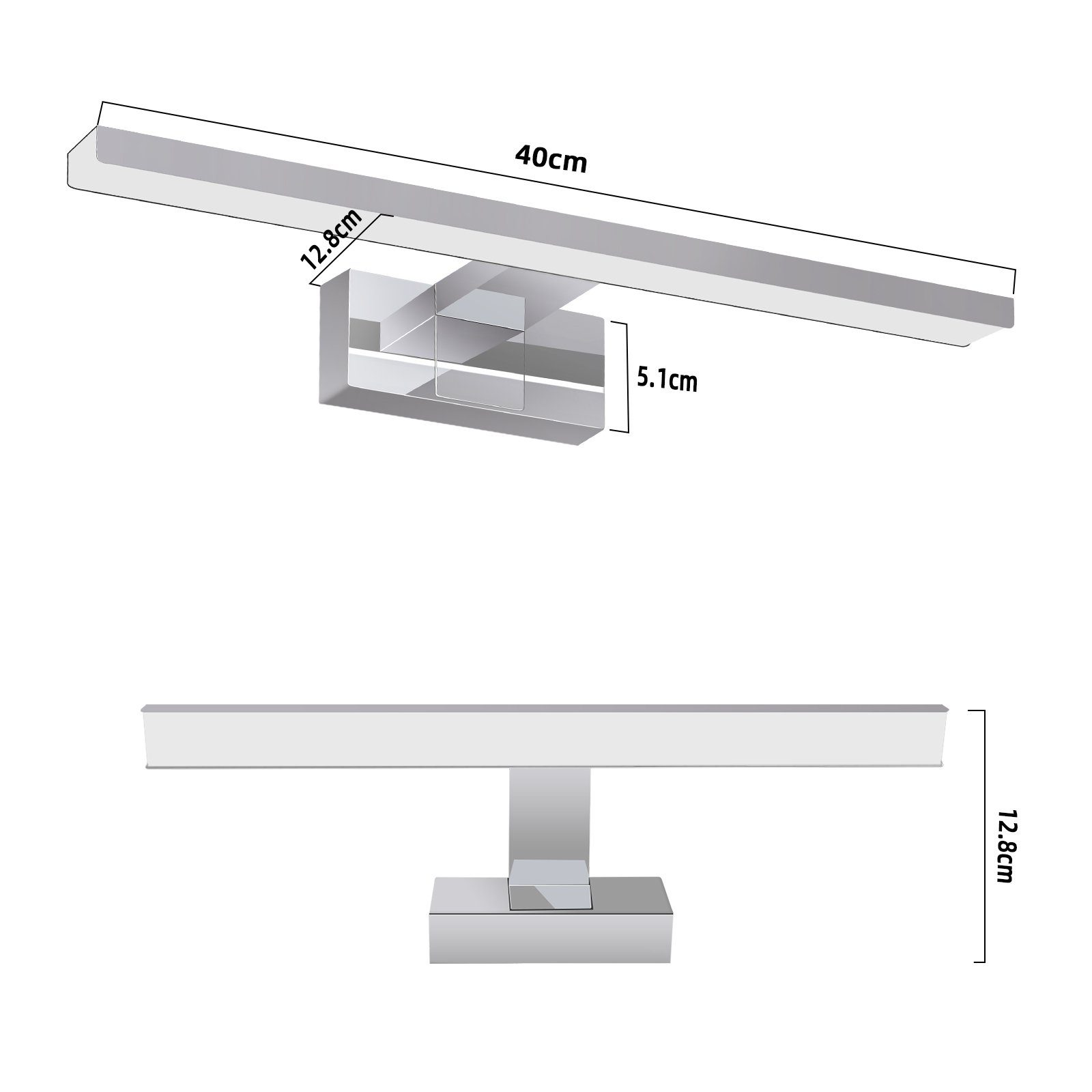 Un moderno apparecchio di illuminazione bianco e argento con dimensioni visualizzate nell'immagine.