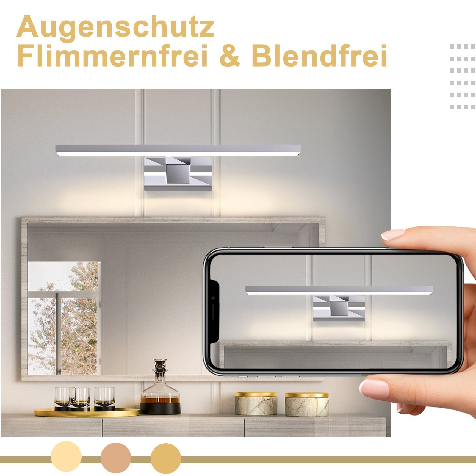 Uno specchio mostra una luce da bagno sopra il lavandino. Un telefono mostra la stessa luce. Tre colori sono mostrati.