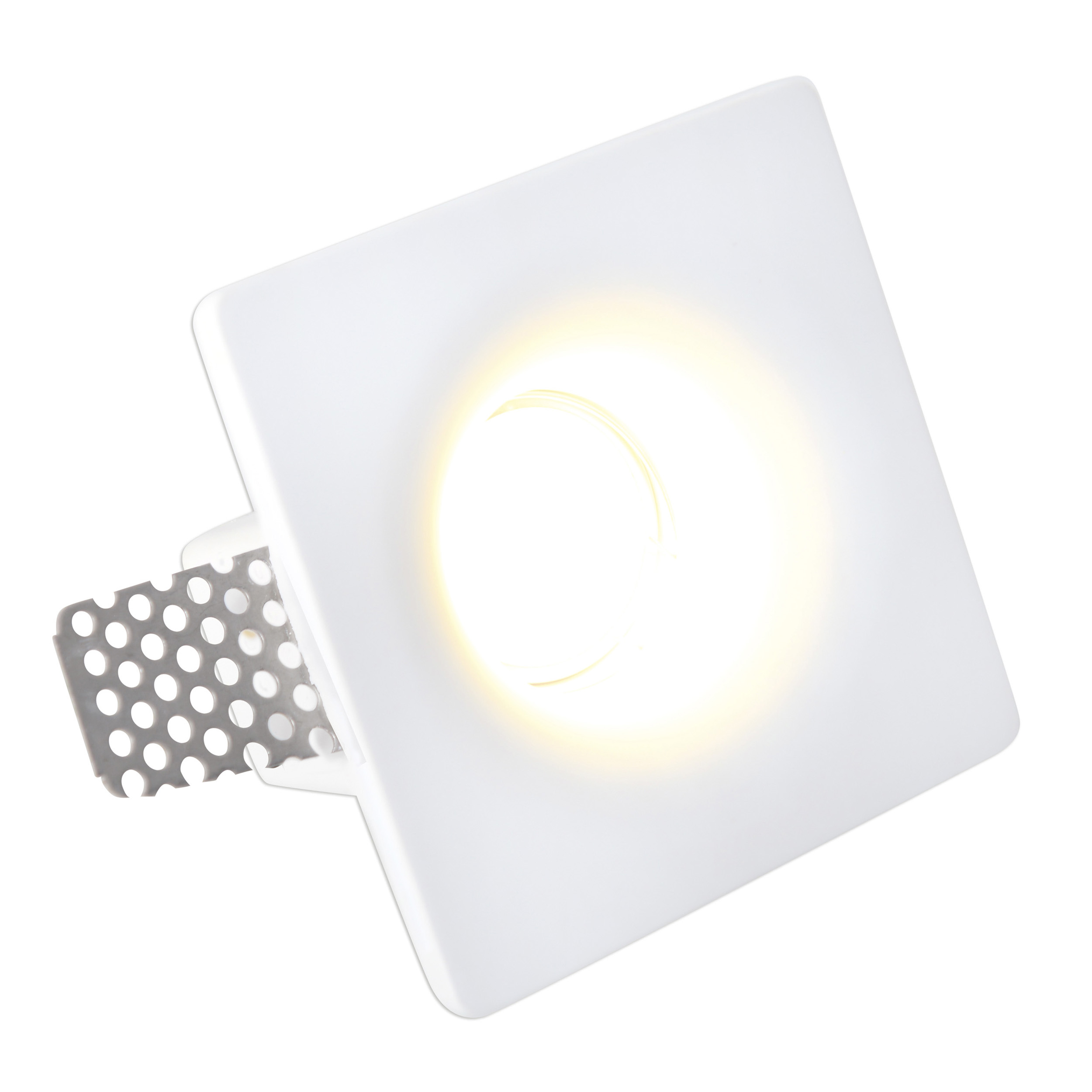 Quadratischer weißer Einbaustrahler mit zentraler Lichtquelle.