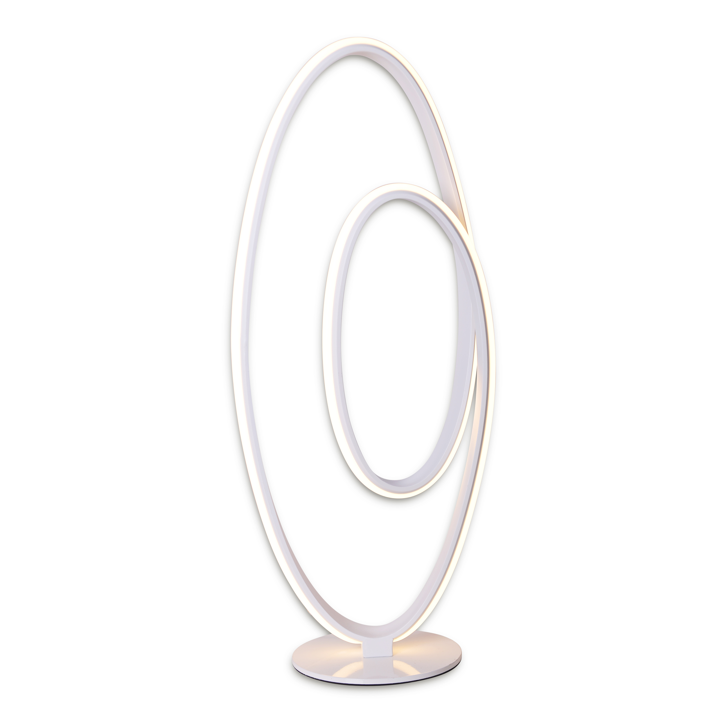 Eine weiße Stehlampe mit zwei miteinander verbundenen ovalen Formen. Der Sockel ist rund.