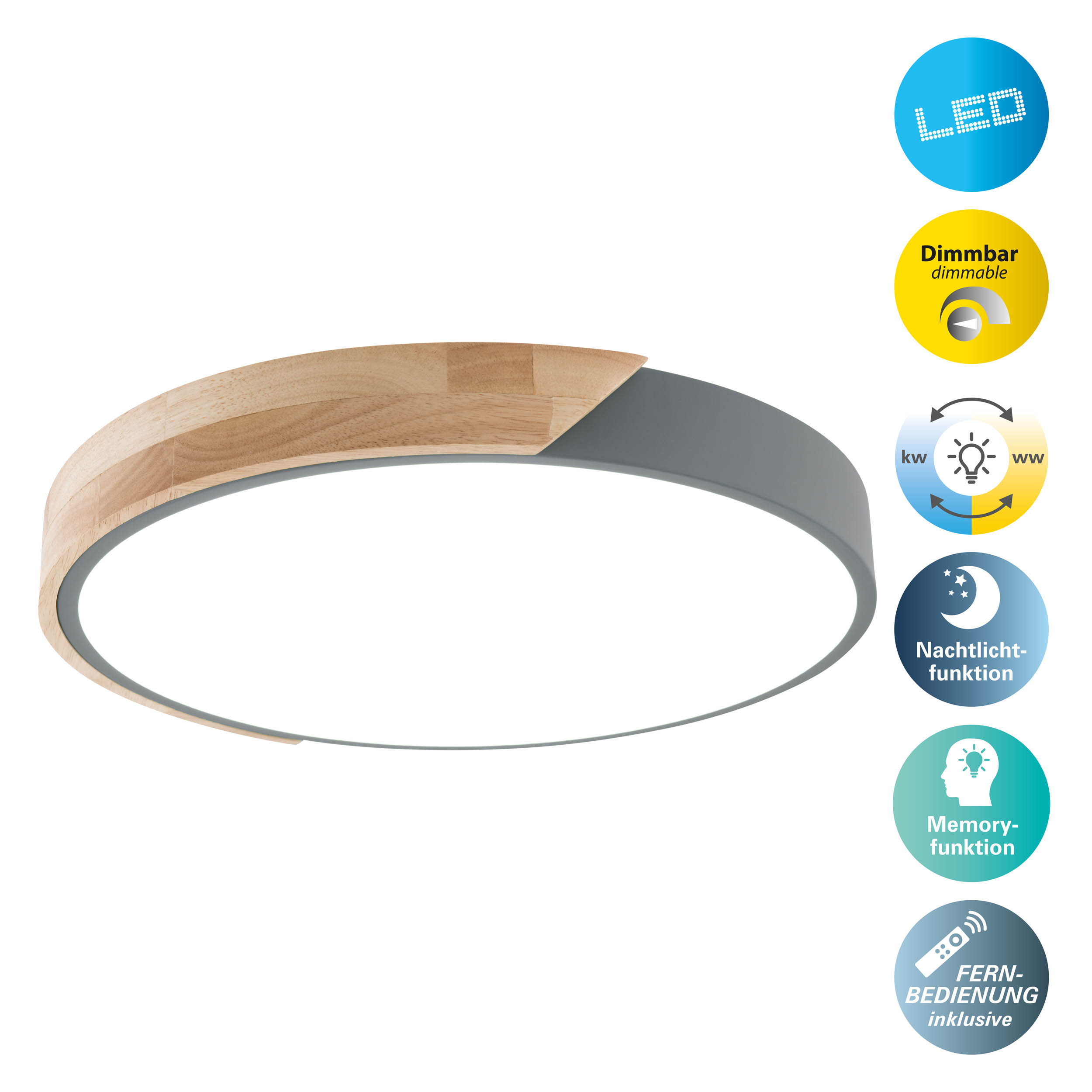 Eine runde Deckenleuchte mit Holzverkleidung. Es hat LED- und Dimmfunktionen.