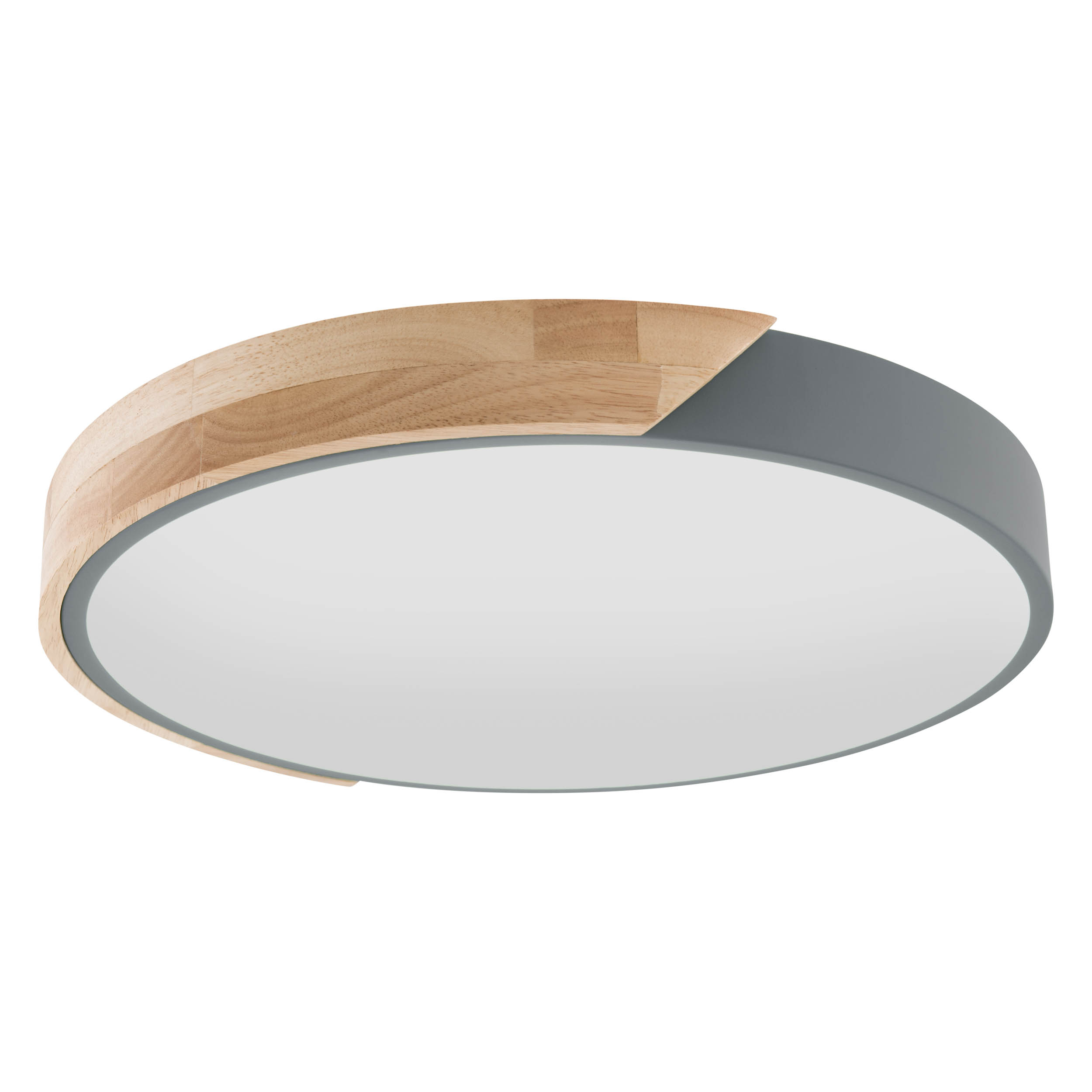 Eine runde Deckenleuchte mit Holz- und Graubereich. Das Licht ist an.