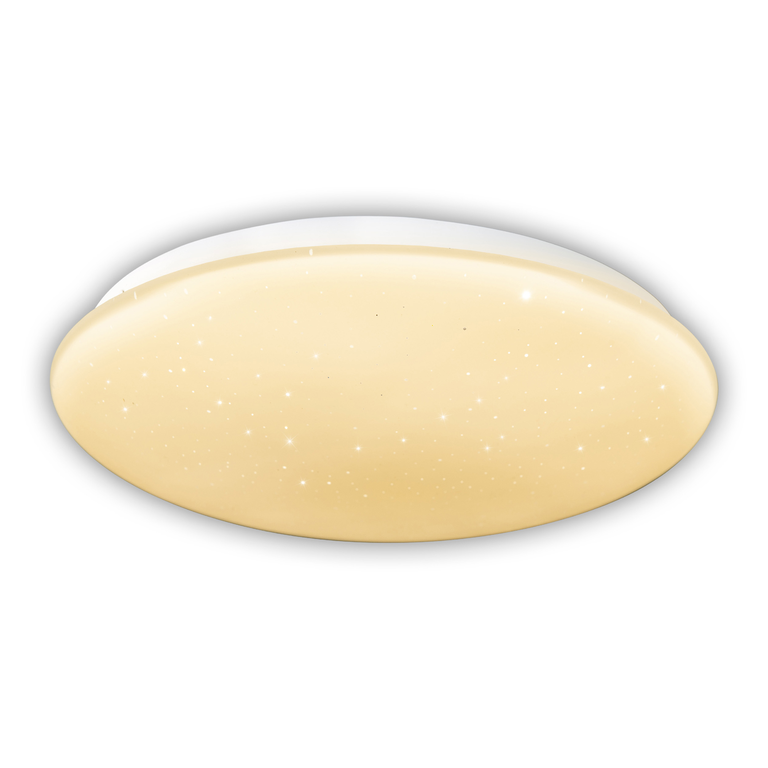 Eine ovale, weiße LED-Deckenleuchte mit kleinen sternartigen Lichtern, die von der Oberfläche ausgehen.