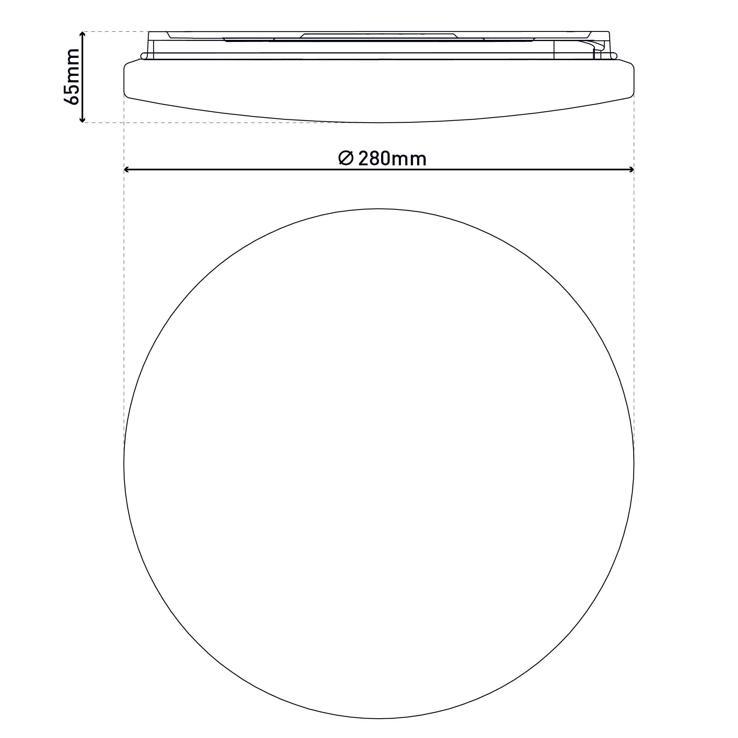 Diagramm eines runden Objekts. Es hat einen Durchmesser von 280 mm und ist 65 mm hoch.